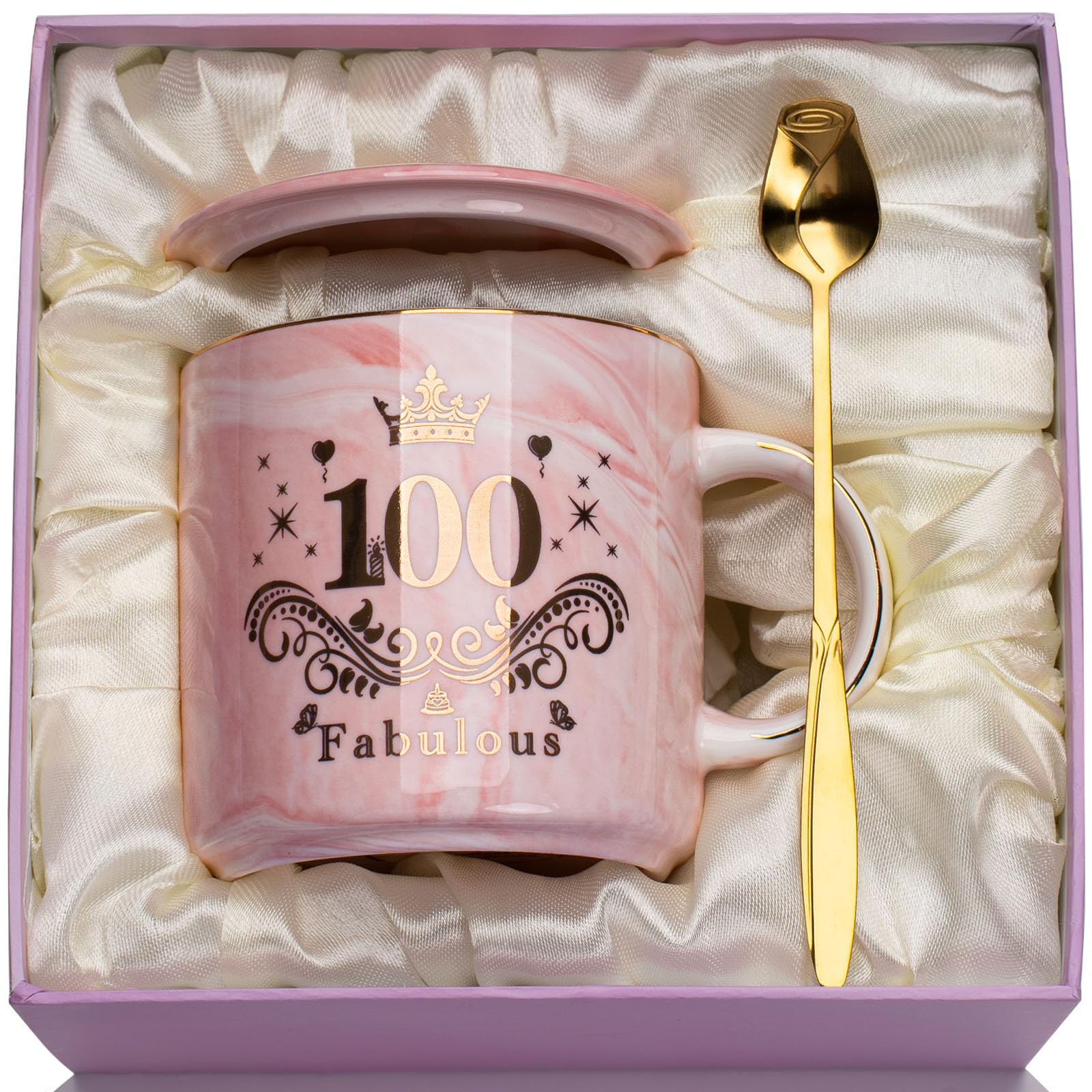 100th Birthday Gifts for Women, 100th Birthday Cup Gifts for 100 Year Old Woman, Unique 100-th Birthday Decorations Coffee Cup Marbled Ceramic for Grandma, Mum, with Spoon, Lid, Giftbox, 400ml
