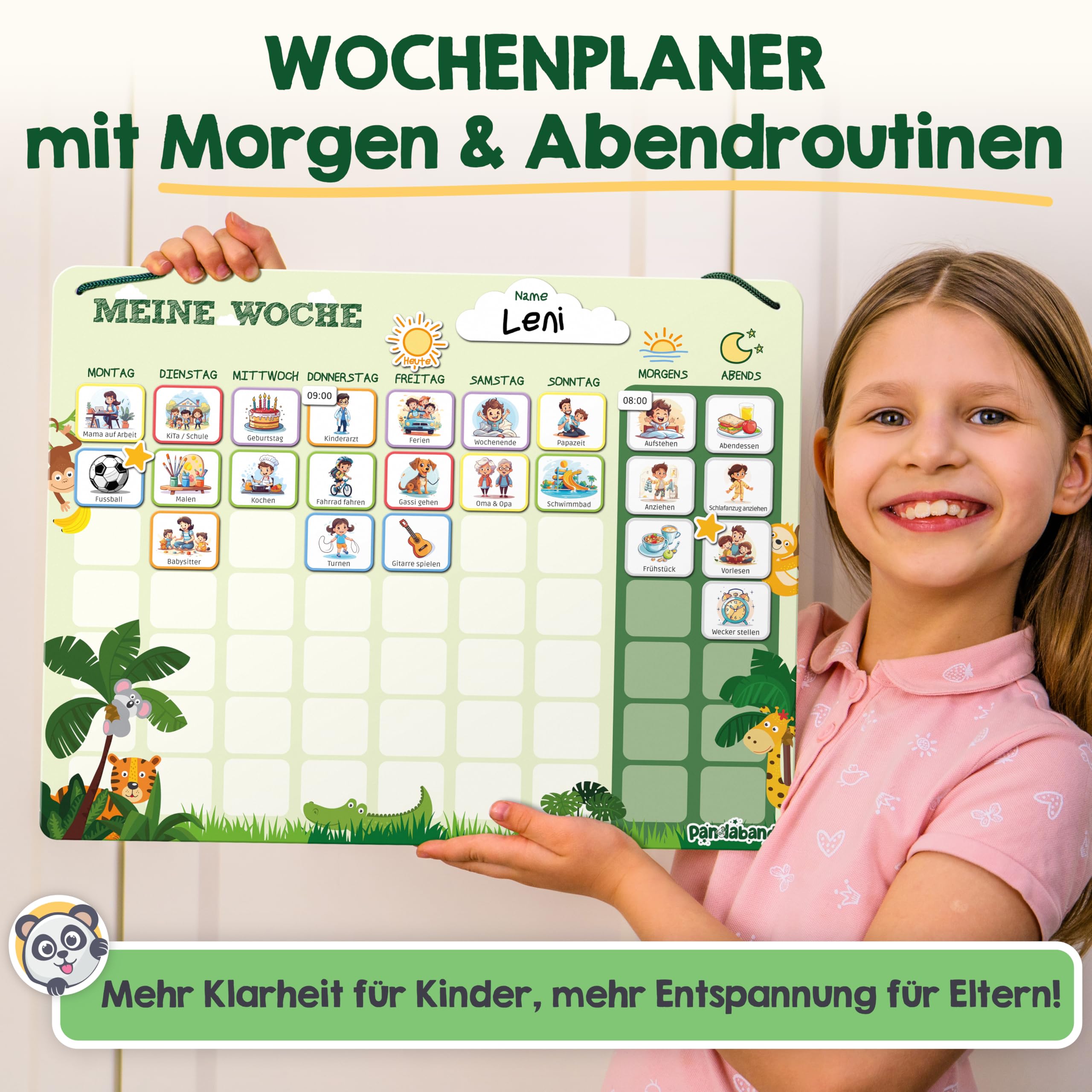 PANDABANDE 2-in-1 Routine & Wochenplaner Kinder mit 200 Magneten & Sortierbox | Montessori Routine Planer Kinder für mehr Selbstständigkeit - Magnetischer Wochenplan mit Morgenroutine & Abendroutine