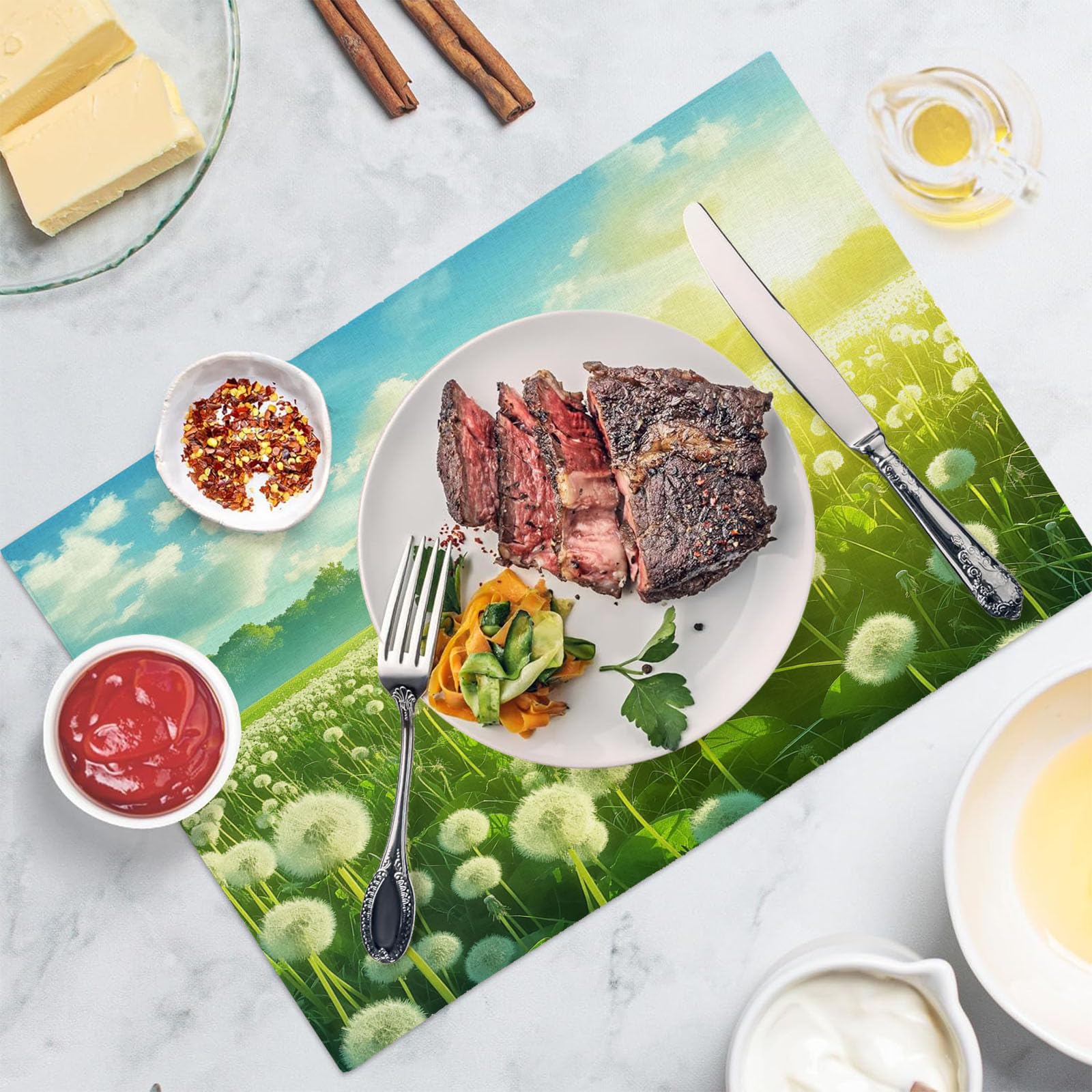 8 Tovagliette Colazione Stoffa 45 x 30 cm,Tarassaco Campagna Tovagliette Americane Lavabili, Placemats Campagna Campi per Primavera Vacanze Cucina Feste, Pasqua