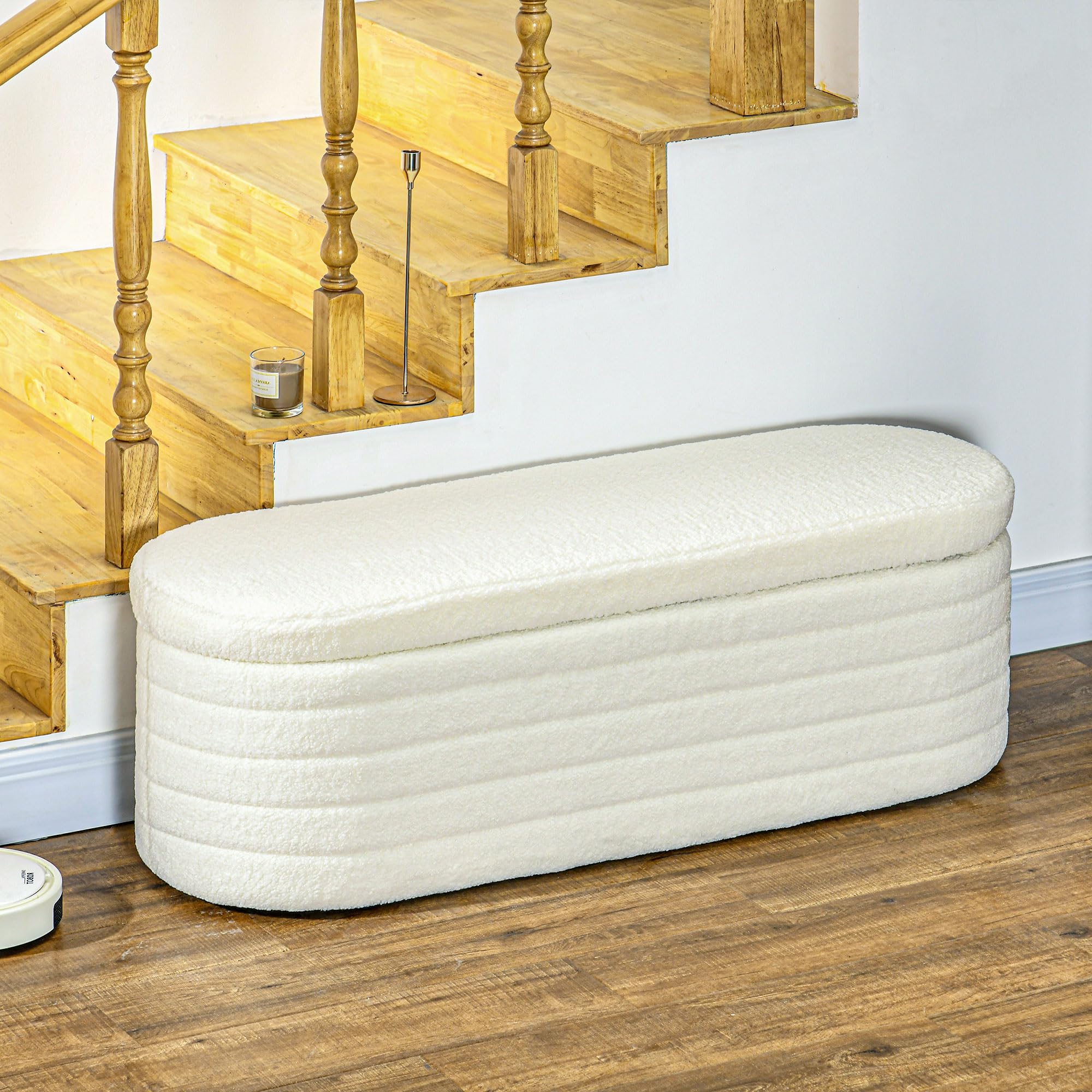 HOMCOM Banc de Bout de lit Coffre de Rangement 2 en 1 Cadre en Bois Crème | Banquette, Rembourré en polaire