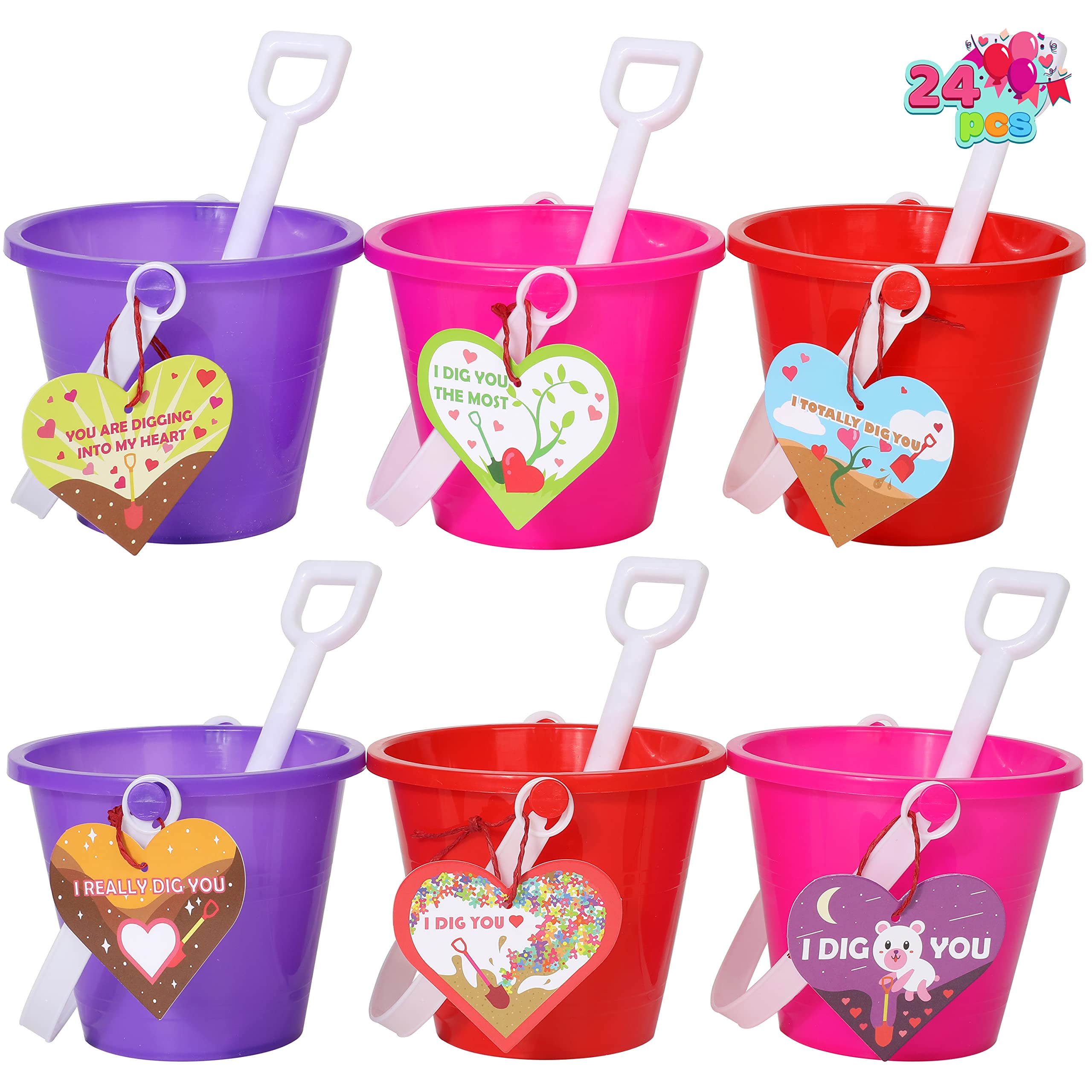 24 Packs Valentine 4” Beach Pails Sand Buckets and Sand Shovels Set for Kids, Mini Beach and Sand Toys Sand Molds