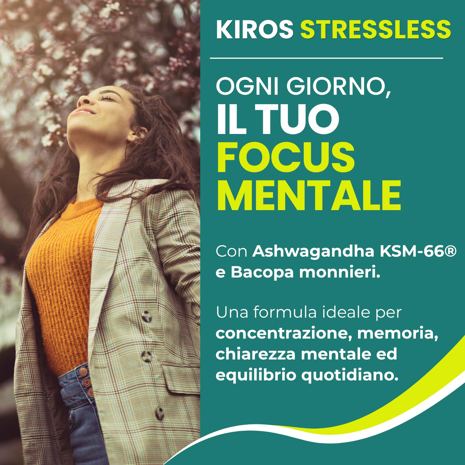 KIROS STRESSLESS – Ashwagandha KSM-66® 600 mg con Bacopa Monnieri – Integratore per Stress, Concentrazione, Memoria ed Equilibrio Mentale – 60 Capsule Vegane, Senza Glutine e Senza Lattosio