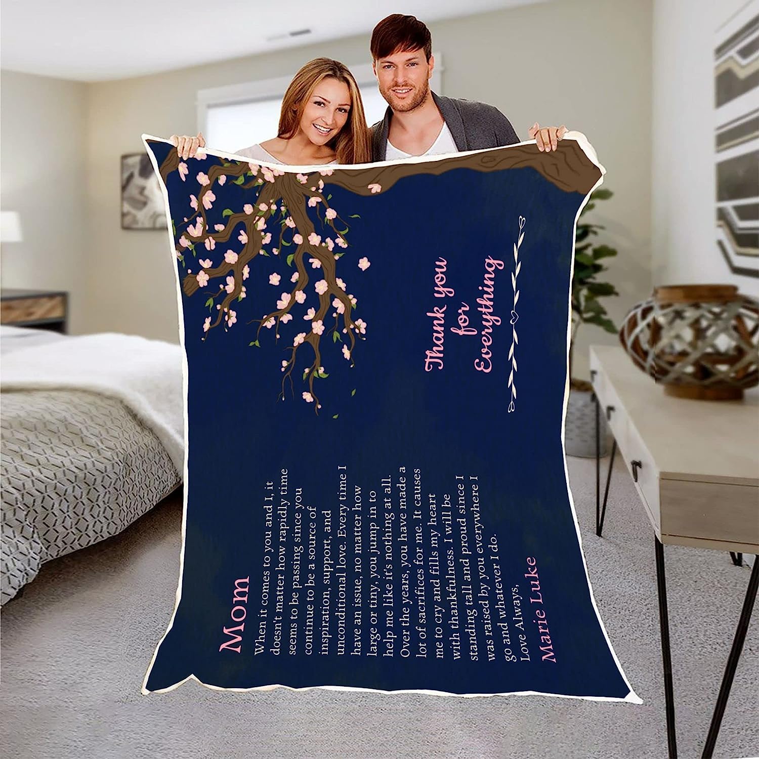 Manta personalizada con mensaje de agradecimiento inspirador para mamá, manta de forro polar personalizada para esposa del marido con cita sincera de apoyo, manta motivacional única para el día de la