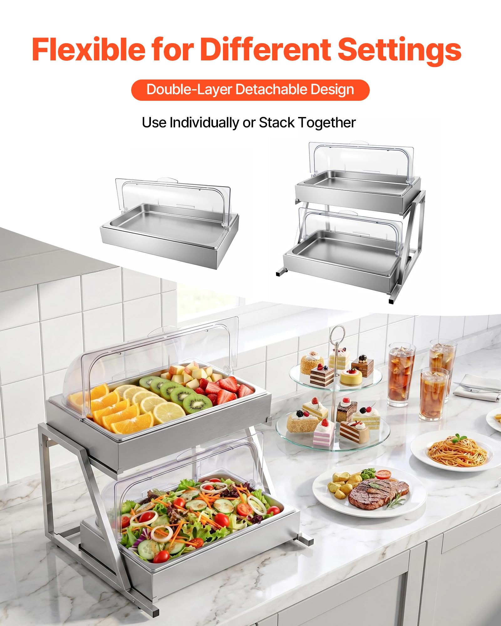 VEVOR Vetrina Espositiva per Alimenti, Vetrina 2 Ripiani per Buffet Dolci 2 Contenitori GN in Acciaio Inox Coperchio Avvolgibile Trasparente, Espositore per Buffet da Ristoranti Hotel Catering Feste