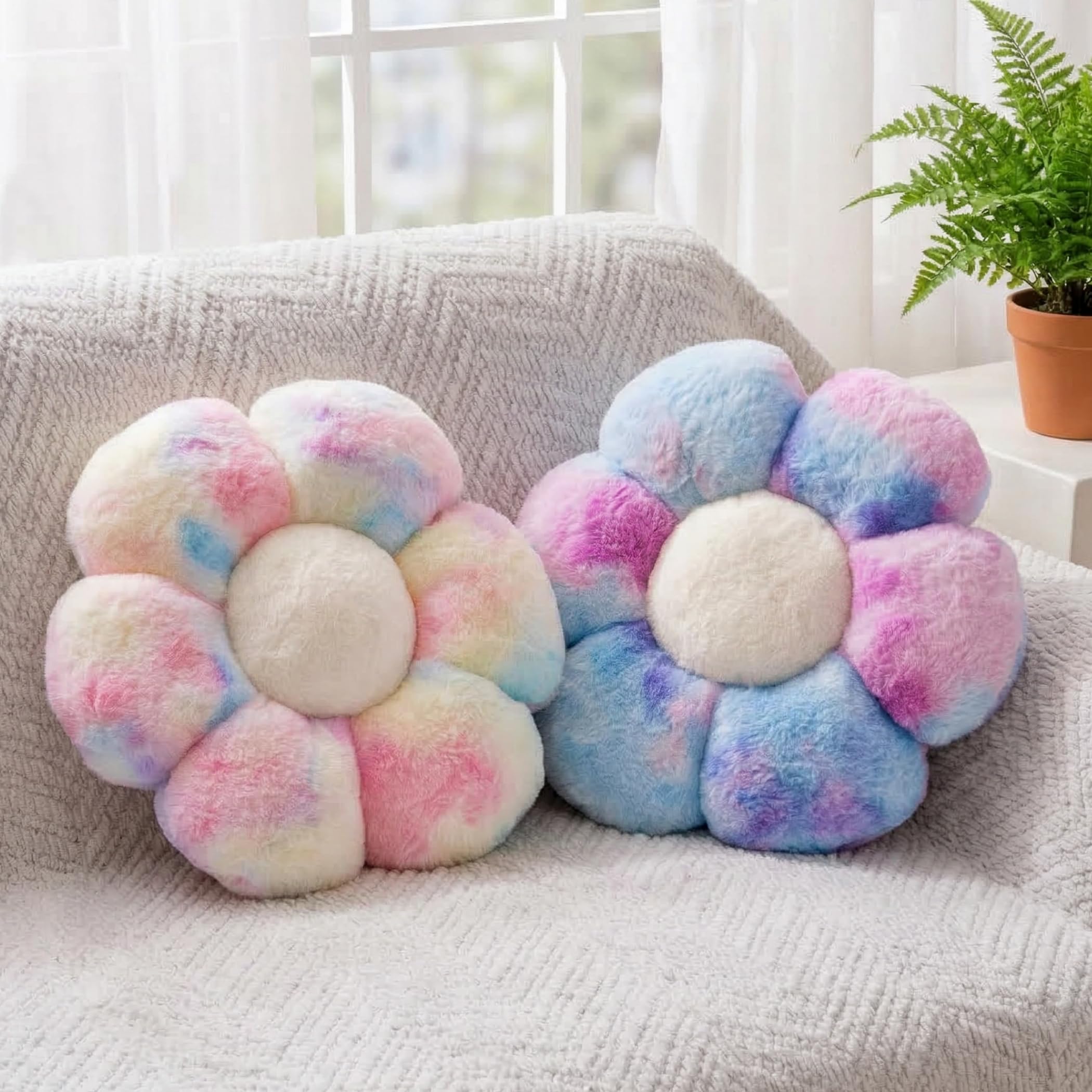 Photo 1 of 2 Pcs Colorful Throw Pillows, Daisy Shaped Flower Floor Plush Pillows Set, Cute Preppy Room Decor Decorative Throw Pillows for Girls Bedroom Decor (Multicolour Purple & Multicolour Pink, 15 INCH)