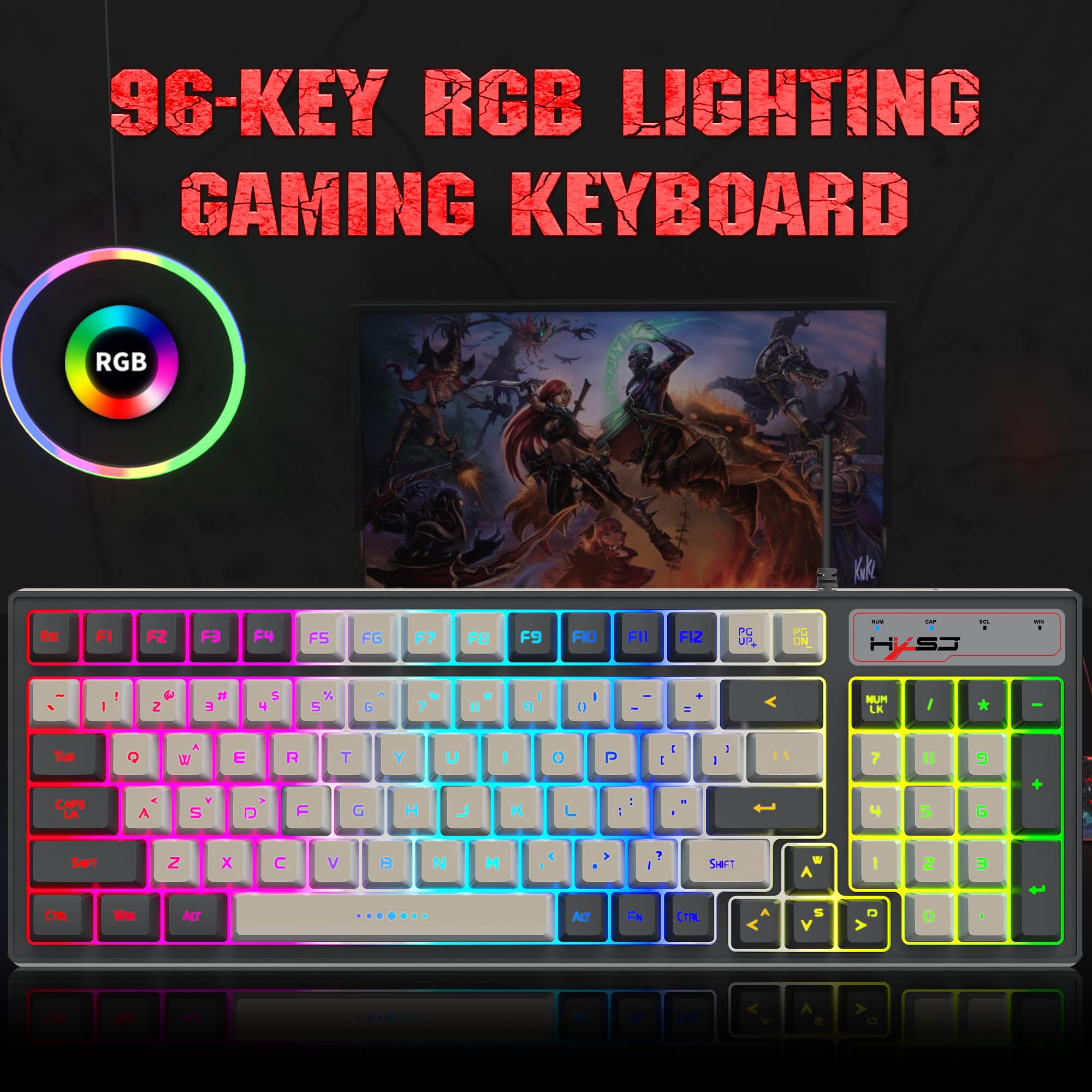 Przewodowa klawiatura do gier LED RGB Backlit, klawiatura z klawiszami skrótu, klawisze antyghostingowe, multimedialne, ergonomiczne, odłączane klawisze, 96 klawiszy, do komputera stacjonarnego i