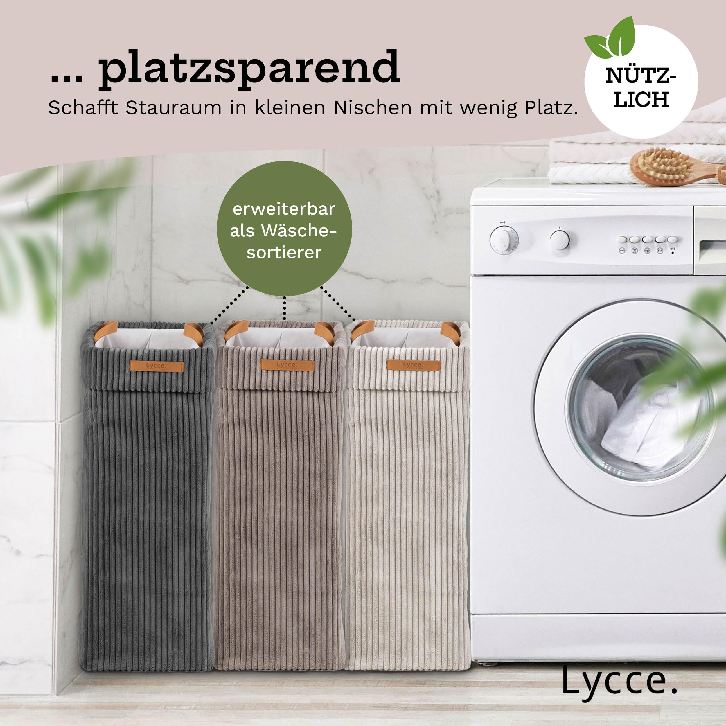 Lycce Wäschekorb Cord – Nischenwäschekorb, waschbar, faltbar (d.grau) | platzsparend & praktisch, waschbare Bezüge, faltbar, Schlafzimmer, Kinderzimmer & Badezimmer