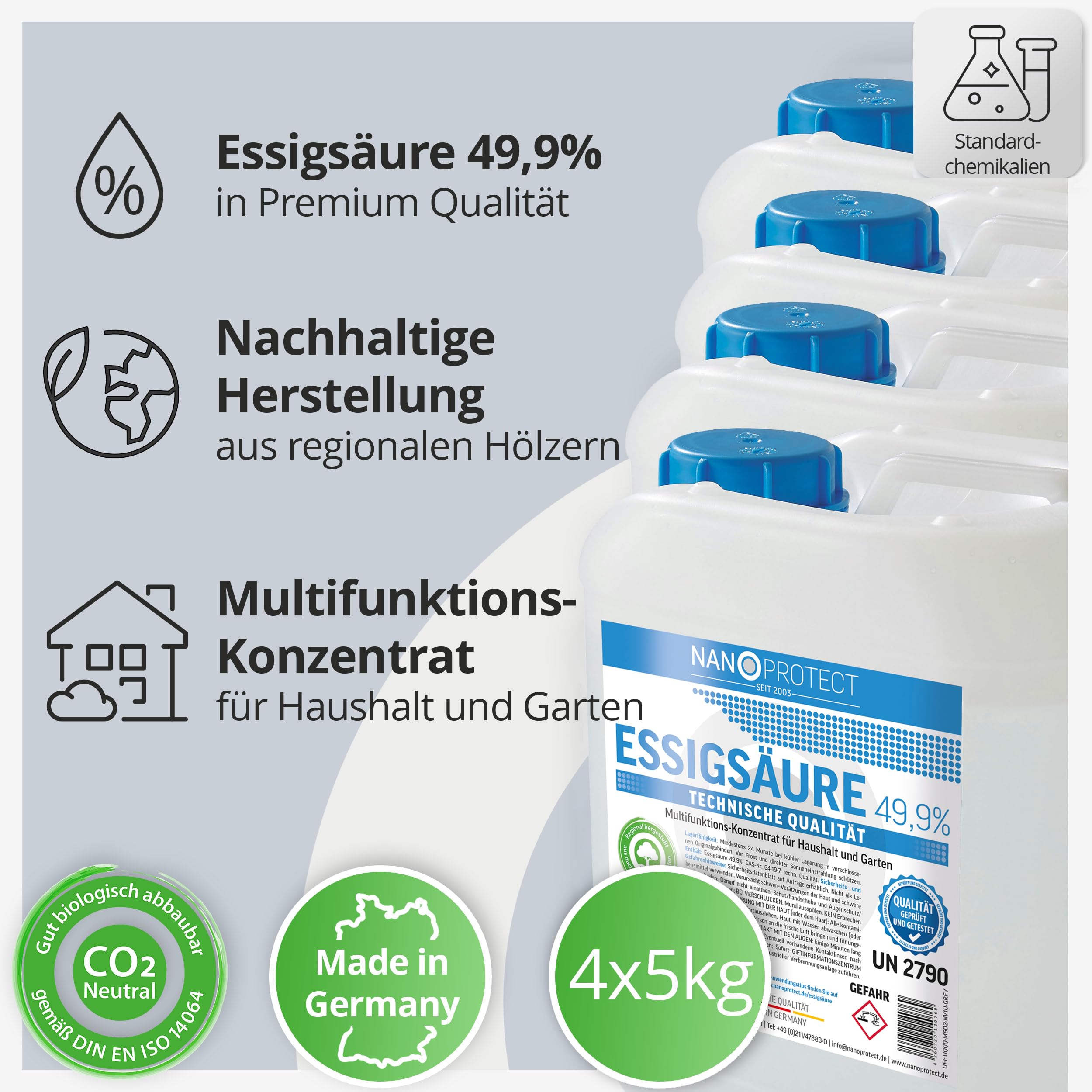 Nanoprotect Essigsäure 49,9% Klimaneutral - 20 kg | Ideal als Reiniger und Entkalker | Für Haus und Garten | Premium Qualität – Made in Germany