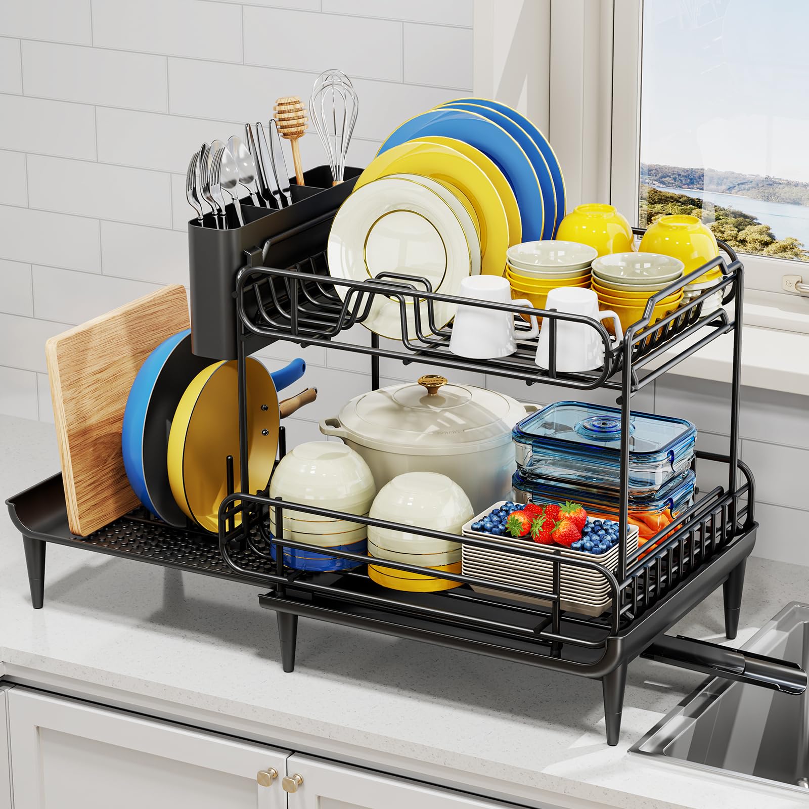 Urackify Dish Drying Rack for Kitchen Counter, Expandable 2 Tier Dish Rack, Large Capacity Dish Drainer with Drainboard Multifunctional Dish Strainer with Removable Cutlery Holder Black Global Recycled Standard Global Recycled Standard Global Recycled Standard