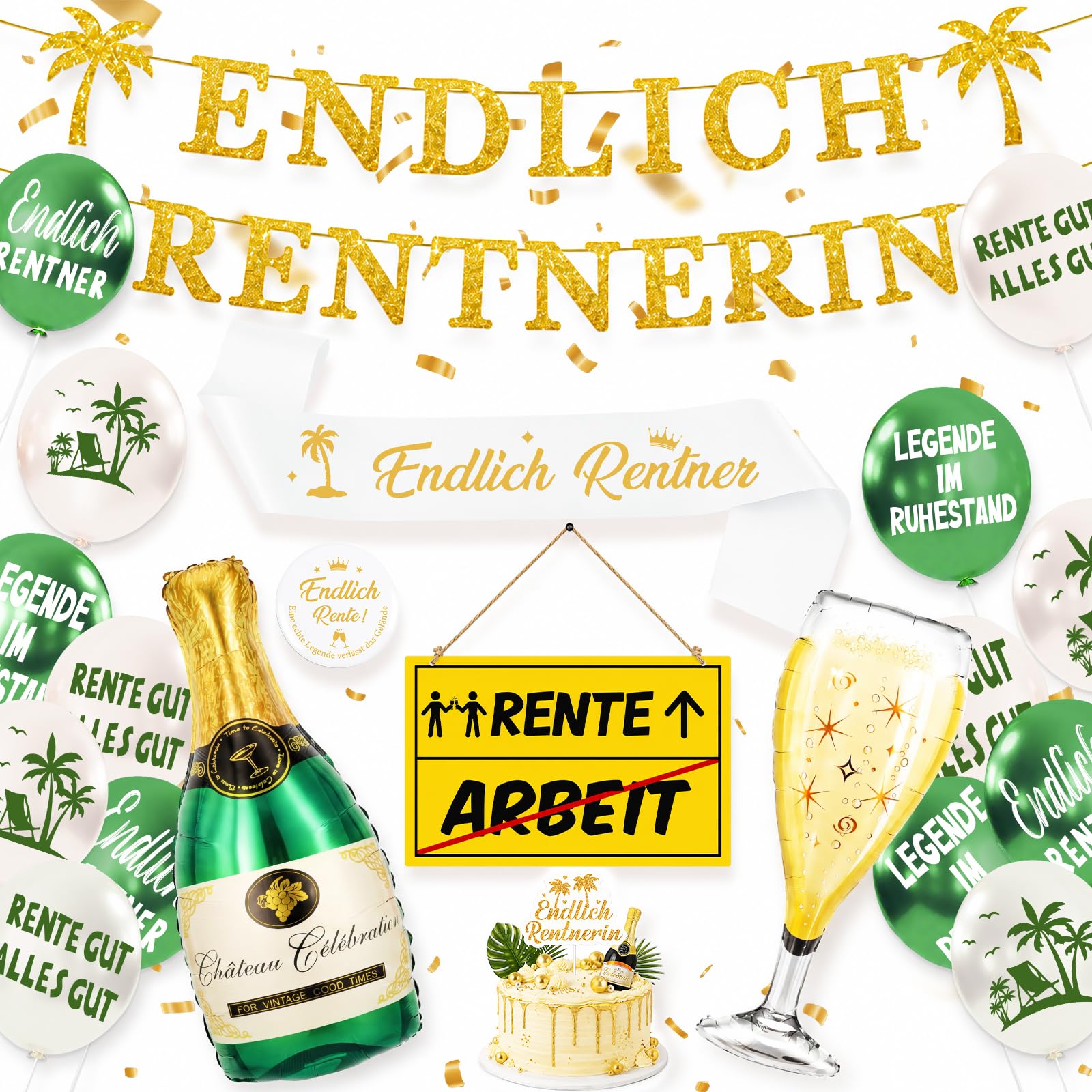 Rente Deko Set - Endlich Rentnerin Banner, Ruhestand Deko Rentner Schärpe Rente Gut Alles Gut Luftballons , Tortendeko, Deko Renteneintritt Männer Frauen für Abschiedsfeier Party