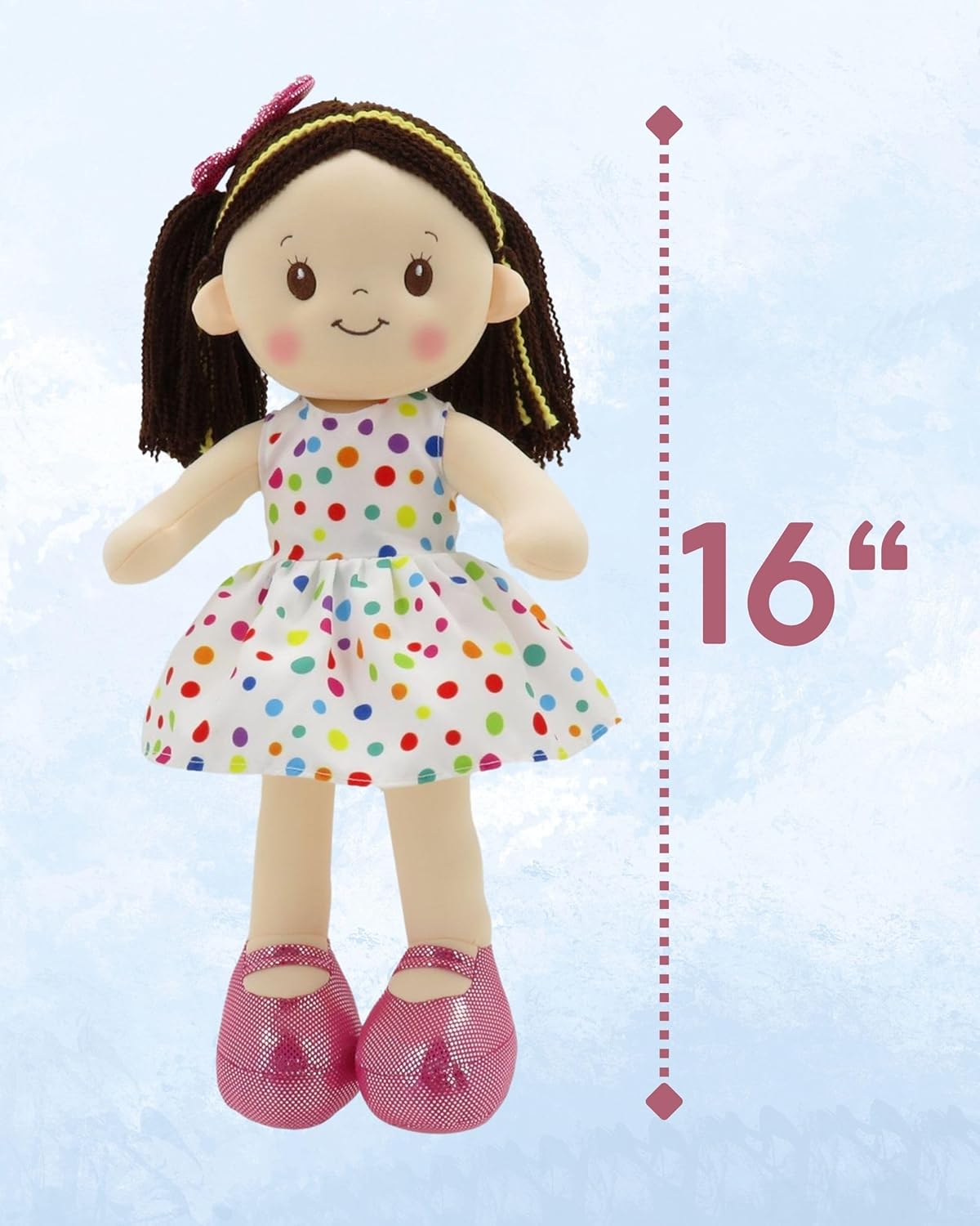 Linzy Toys 16 Inch Colorful Polka Dot Adalyn Soft Plush Rag Doll for Girls – Stuffed Sleeping Cuddle Buddy for Toddlers, Infants, Babies – Cute Hug Doll, Muneca de Trapo para Niña, Toy Gift for Kids