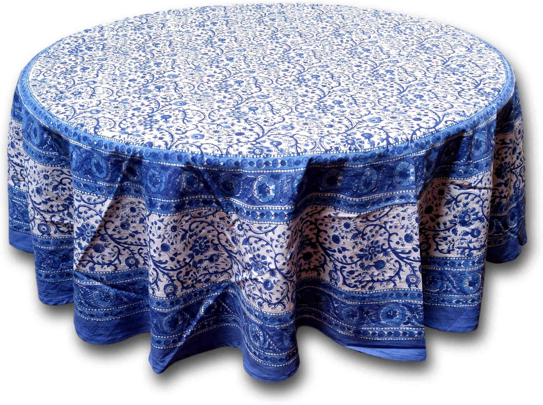 HomesteadRajasthan Block Print Round Cotton Tablecloth 72" Blue