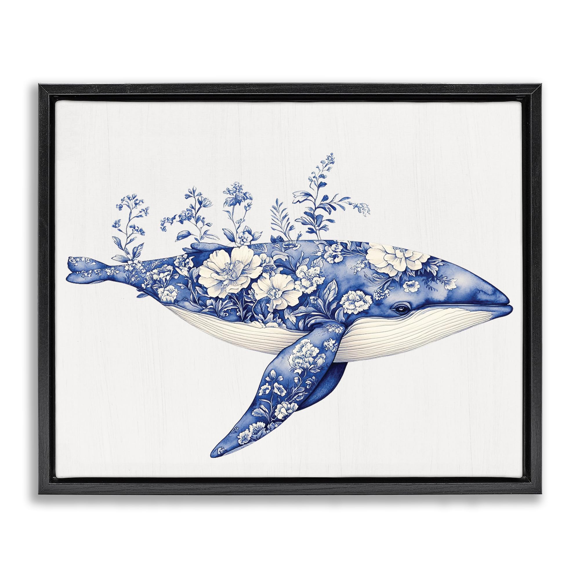 Blooming Toile Whale Coastal, 16 x 20 Inch Canvas in Floater Frame