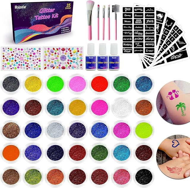 Glitter Tattoo Kit, 35 Colours Glitter Tattoo with 144 Templates, Non-toxic Temporary Tattoo Kit, Flash Body Make-up for Kids, Carnival, Halloween, Party, Festivals with 5 Brushes 3 Glue 2 Stickers