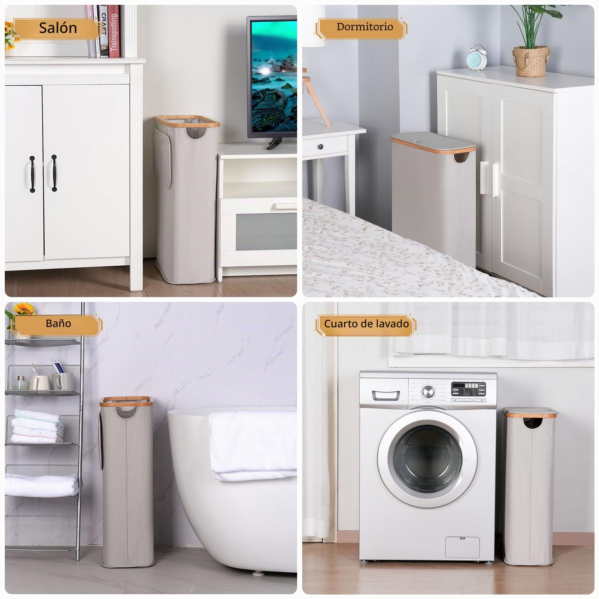 Cesto Ropa Sucia Bambú 60L con Tapa, Cesta Delgado con Bolsa Interior Extraíble, Laundry Basket Plegable para Lavadero Dormitorio Gris claro