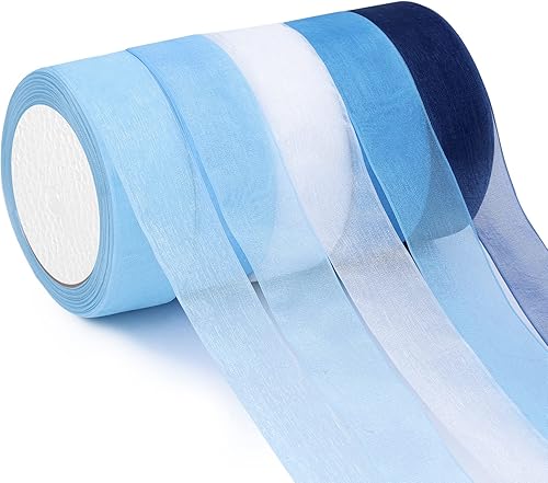 Organza Ribbon Sheer Ribbon, 1" x 125 Yd 5 Rolls Blue Tones for Gift Wrapping, Bouquet, Wedding, Party Decoration, Blue