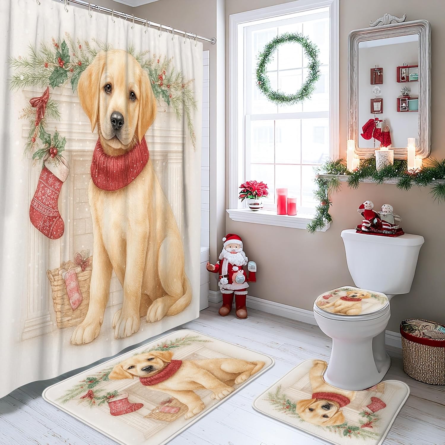 4pcs Christmas Dog Shower Curtain Set, Yellow Lab Red Green Holiday Bath Mat Rugs Accessories for Bathroom Decor, Winter Cute Waterproof Fabric Set 72x72 Inch