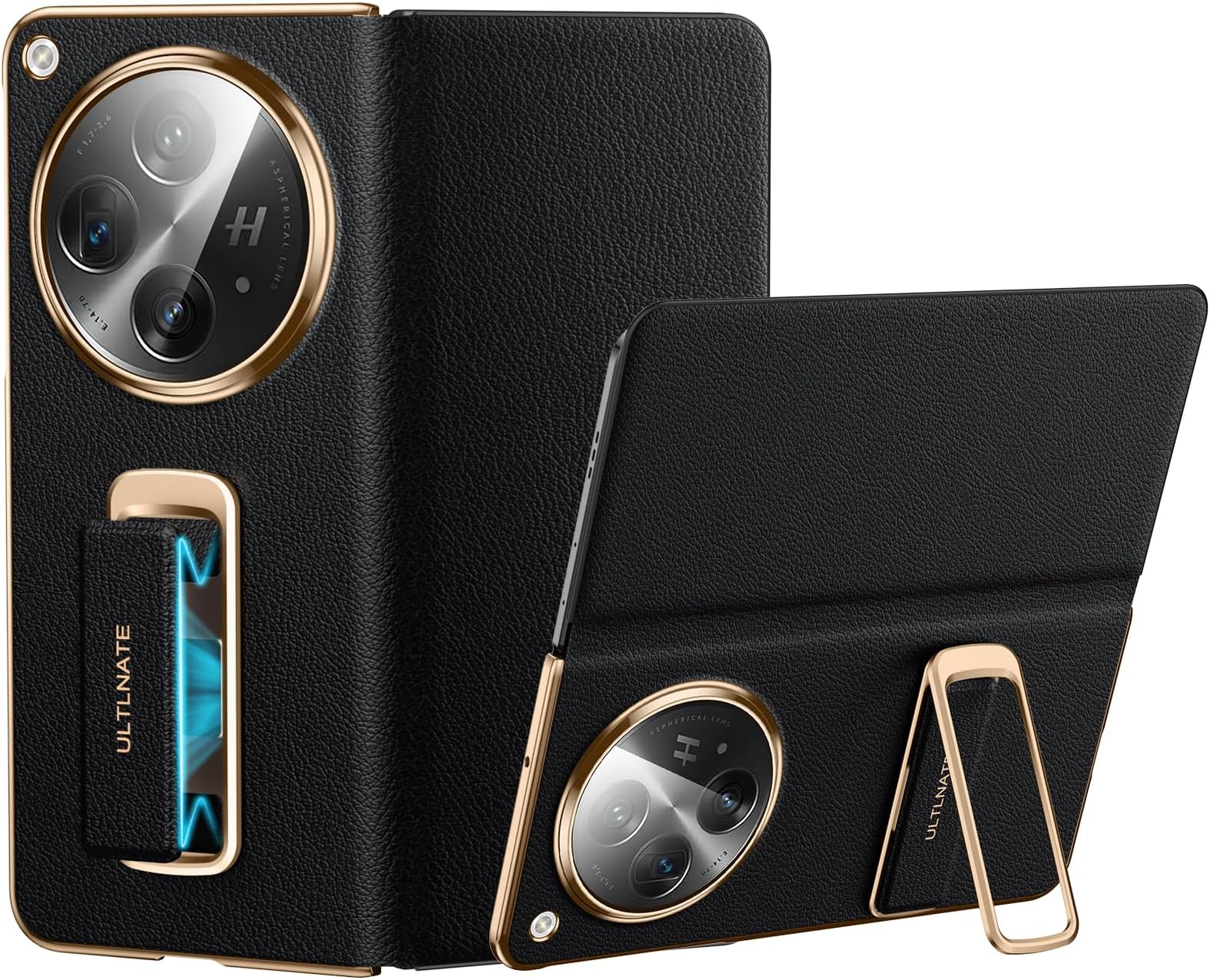 Magnetic Leather Case for OnePlus Open with Rotating Kickstand & Hand Strap, Premium Vegan Leather & Full Hinge & Camera Protection, All-Around Shockproof Protection Stand Cover, Black