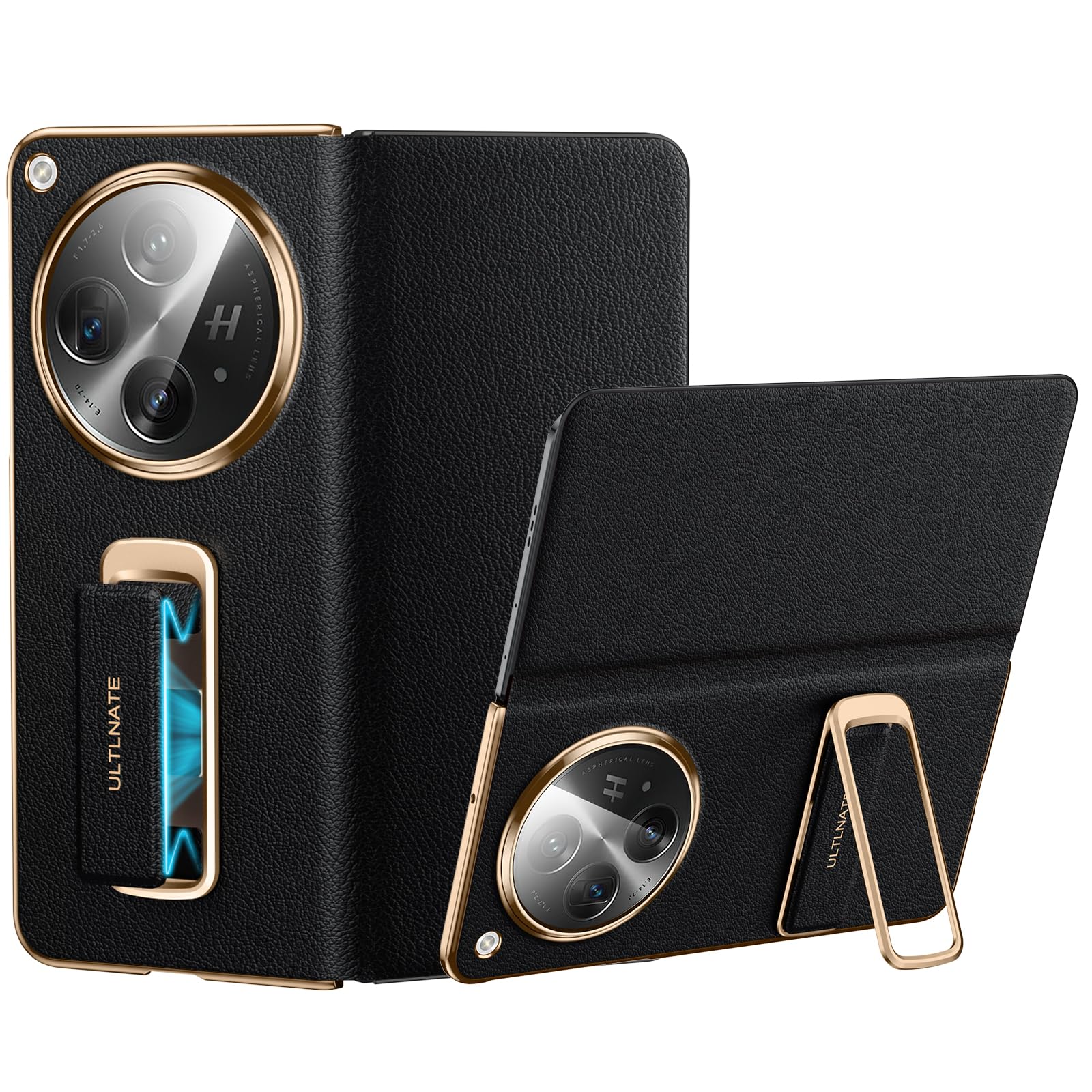 zifiuzem Magnetic Leather Case for OnePlus Open with Rotating Kickstand & Hand Strap, Premium Vegan Leather & Full Hinge & Camera Protection, All-Around Shockproof Protection Stand Cover, Black