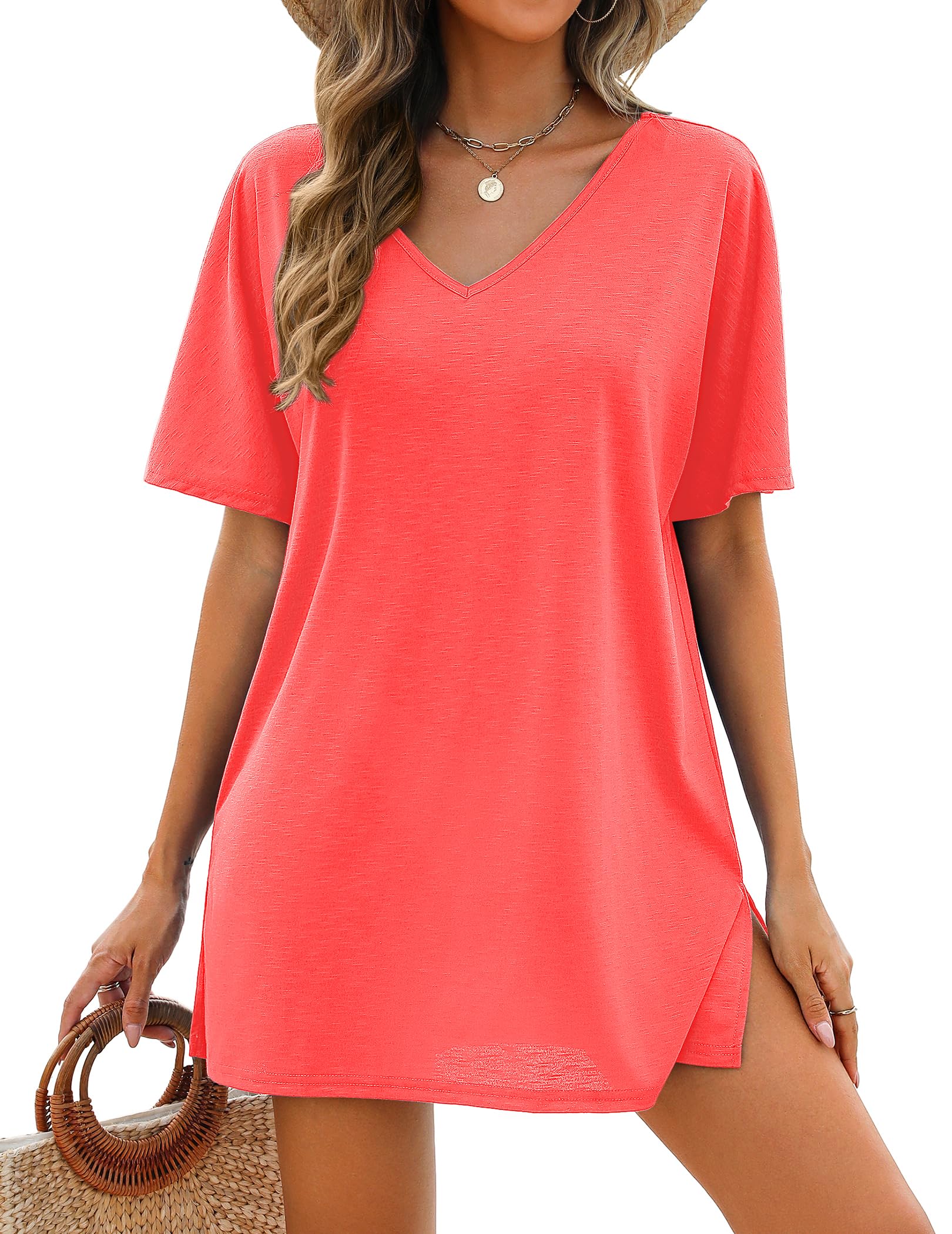 Photo 1 of ***STOCK IMAGE FOR REFERENCE***AI'MAGE Womens Swimsuit Coverup Short Sleeve Swimwear Bathing Suit Cover Up Casual T-Shirt Dress Orange Pink XXL