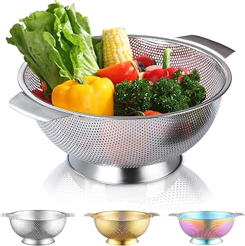 Kyraton Stainless Steel Colander 28.5cm, Professional Strainer with Heavy Duty Handles and Self Draining Solid Ring Base for Pasta, Spaghetti, Berry, Veggies, Fruits, Noodles, Salads Dishwasher Safe