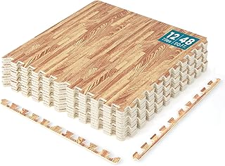 Happygrill 48 Sq. Ft. Wood Grain Floor Tiles Foam Mat, 12 PCS 2/5 Thick EVA Foam Interlocking Floor Tiles w/24 Borders, 24” x 24” Puzzle Exercise Mats Protective Flooring for Home Gym, Apartment