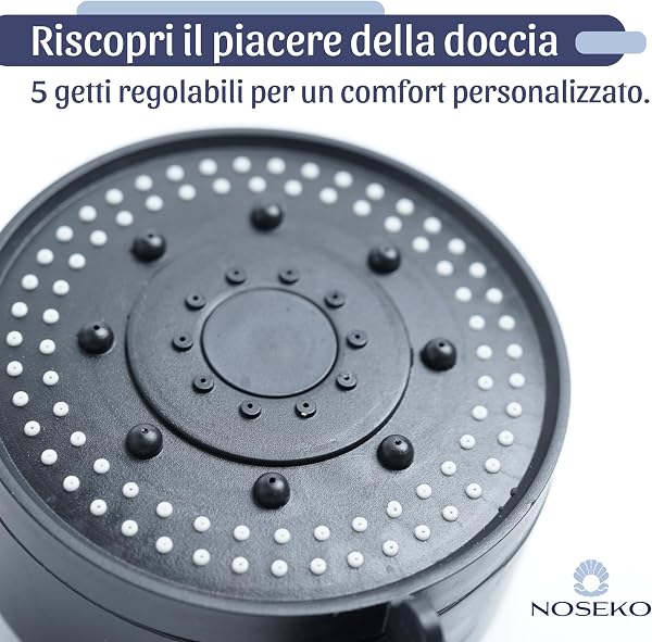 Soffione Doccia Alta Pressione a 5 getti, con Tubo 150 cm, Supporto Adesivo e Pulsante Stop - Attacco Universale G1/2 Anticalcare - 2