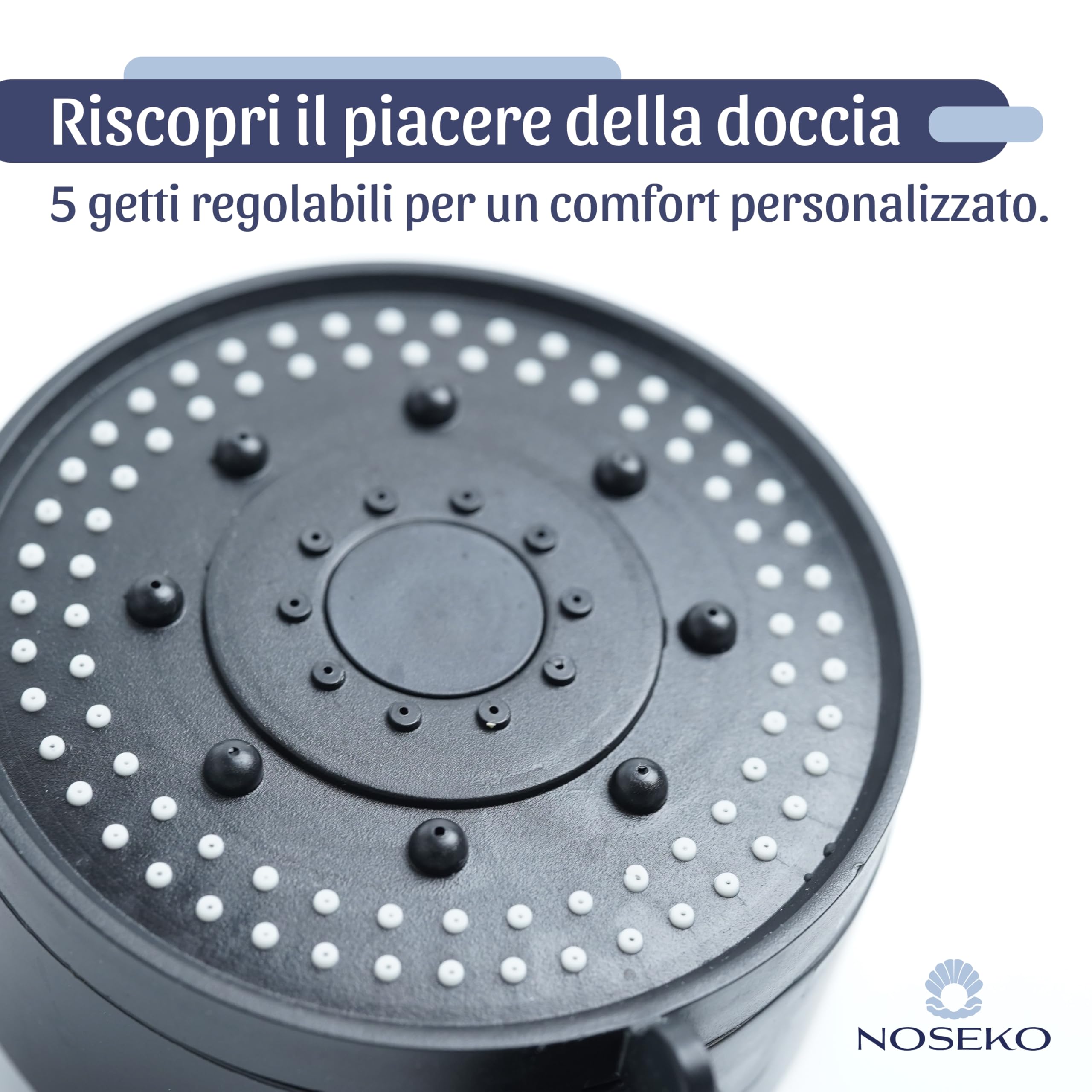Soffione Doccia Alta Pressione a 5 getti, con Tubo 150 cm, Supporto Adesivo e Pulsante Stop - Attacco Universale G1/2 Anticalcare - 2