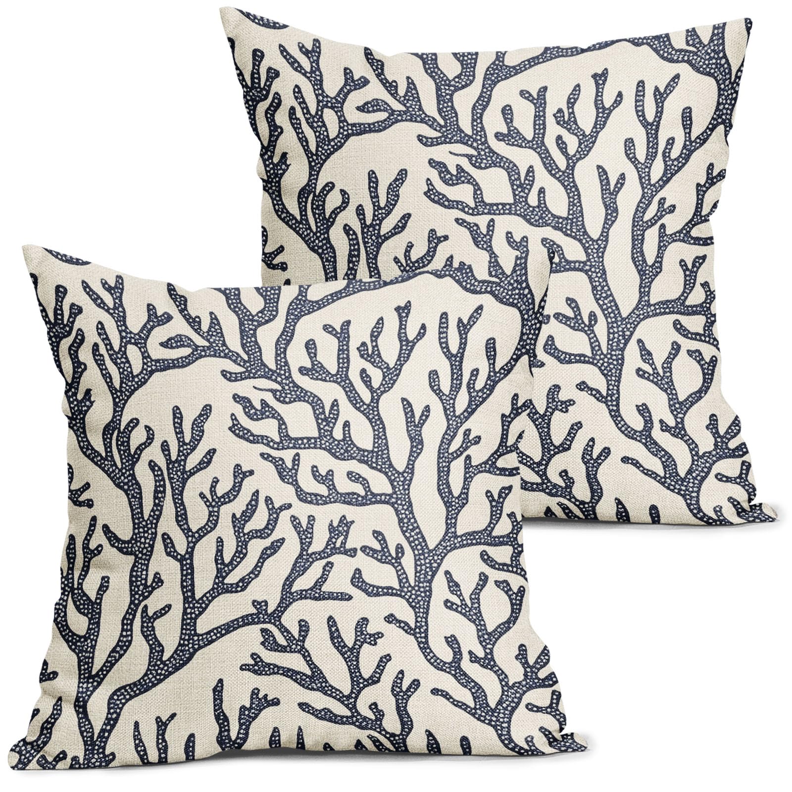 aportt Coastal Coral Tropical Pillow Covers 22X22 Inch Nautical Beach Sea Navy Blue Decorative Pillow Cases Summer Ocean Throw Pillows Set of 2