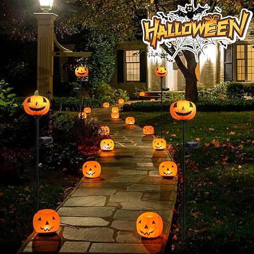 Miniatura 4 de Afirst Luces solares de calabaza de Halloween para caminos de cristal soplado a mano para Halloween, linterna de Halloween, pantalla LED solar para