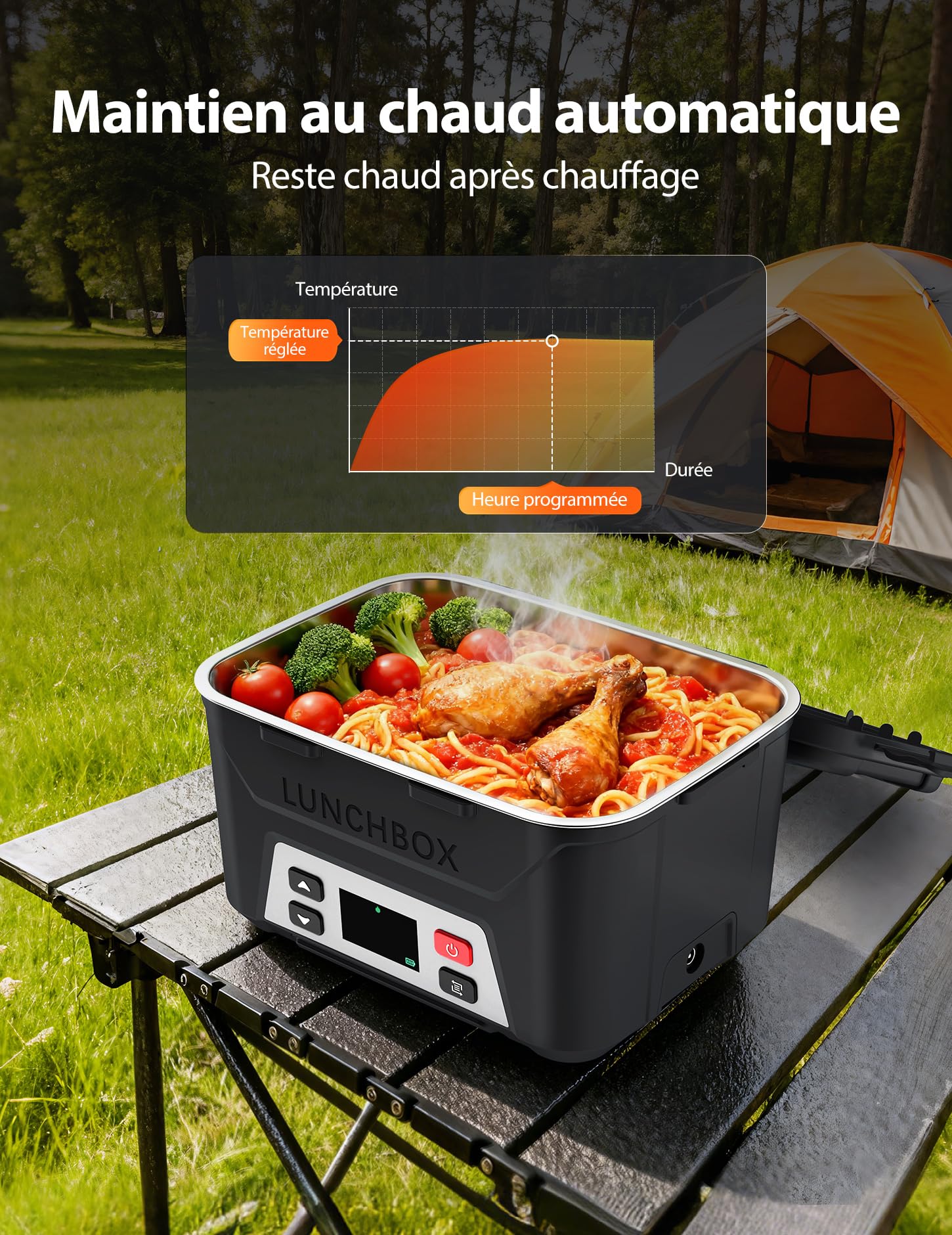 Docusvect Gamelle chauffante batterie, Lunch box chauffante rechargeable avec Chauffage Programmable, Chauffe plat électrique 1,3 L, réchauffe plat avec séparateurs amovibles et sac isotherme (Black)