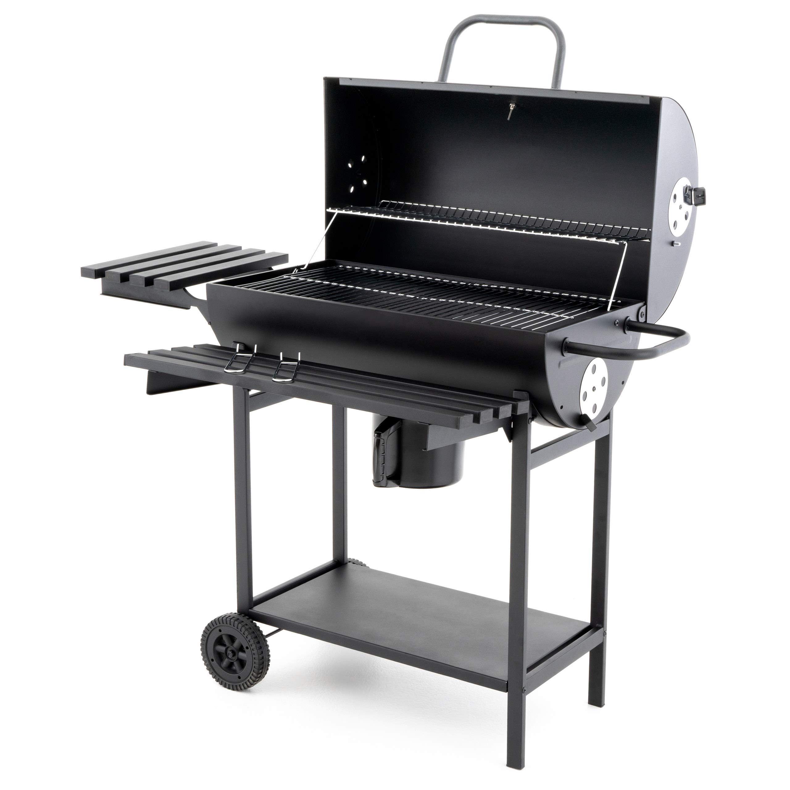 Nexos Trading Grillwagen Holzkohlegrill Gartengrill BBQ Smoker 4-beinig 62cm Grillfläche Klapp-Deckel mit Thermometer massiv Stahlblech klappbare Ablageflächen Thermometer