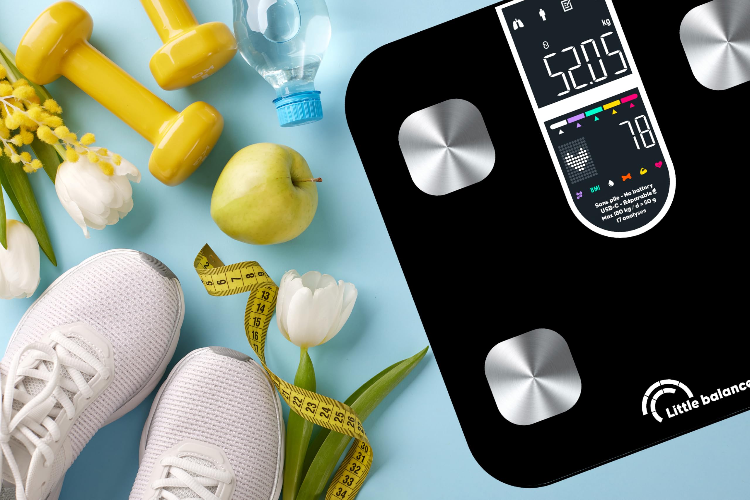 LITTLE BALANCE 8838 IC-X4-Visio, Pèse Personne, Ecran XXL couleur, Balance Impédancemètre Connecté, Pèse-personne Intelligent avec application, Sans Pile USB-C, 4 électrodes, 22 mesures, 180 kg/50 g