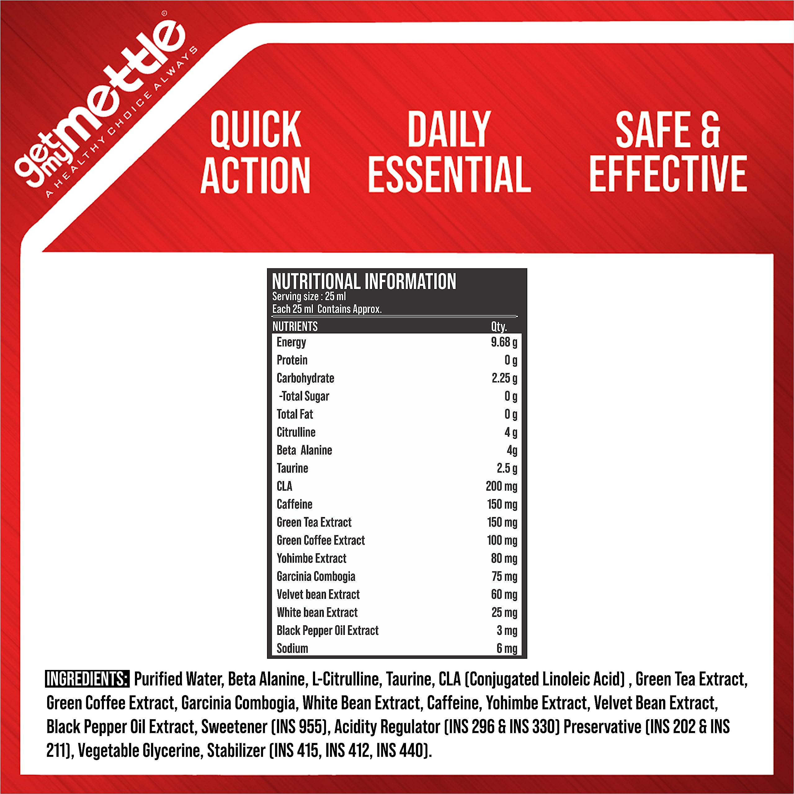swasthum Mettle Liquid Z5 Preworkout | 4g Beta Alanine | 4g Citrulline | (Mango Strawberry, 500ml)
