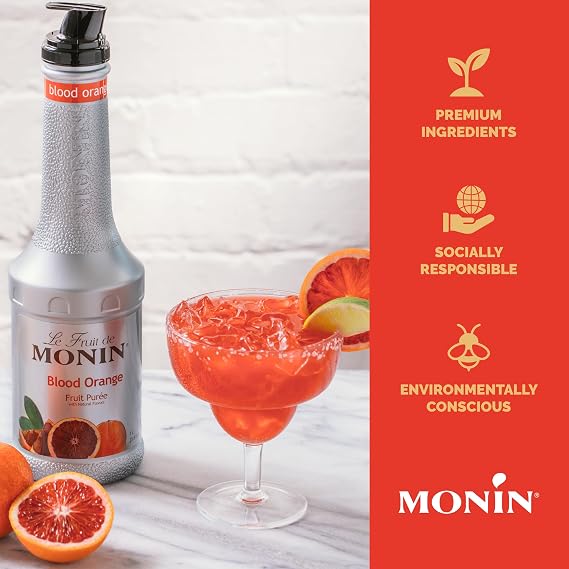Monin - Blood Orange Puree, Tart, Juicy Citrus Taste, Great for Lemonades, Cocktails, and Culinary Creations, Vegan, Gluten-Free (1 Liter)