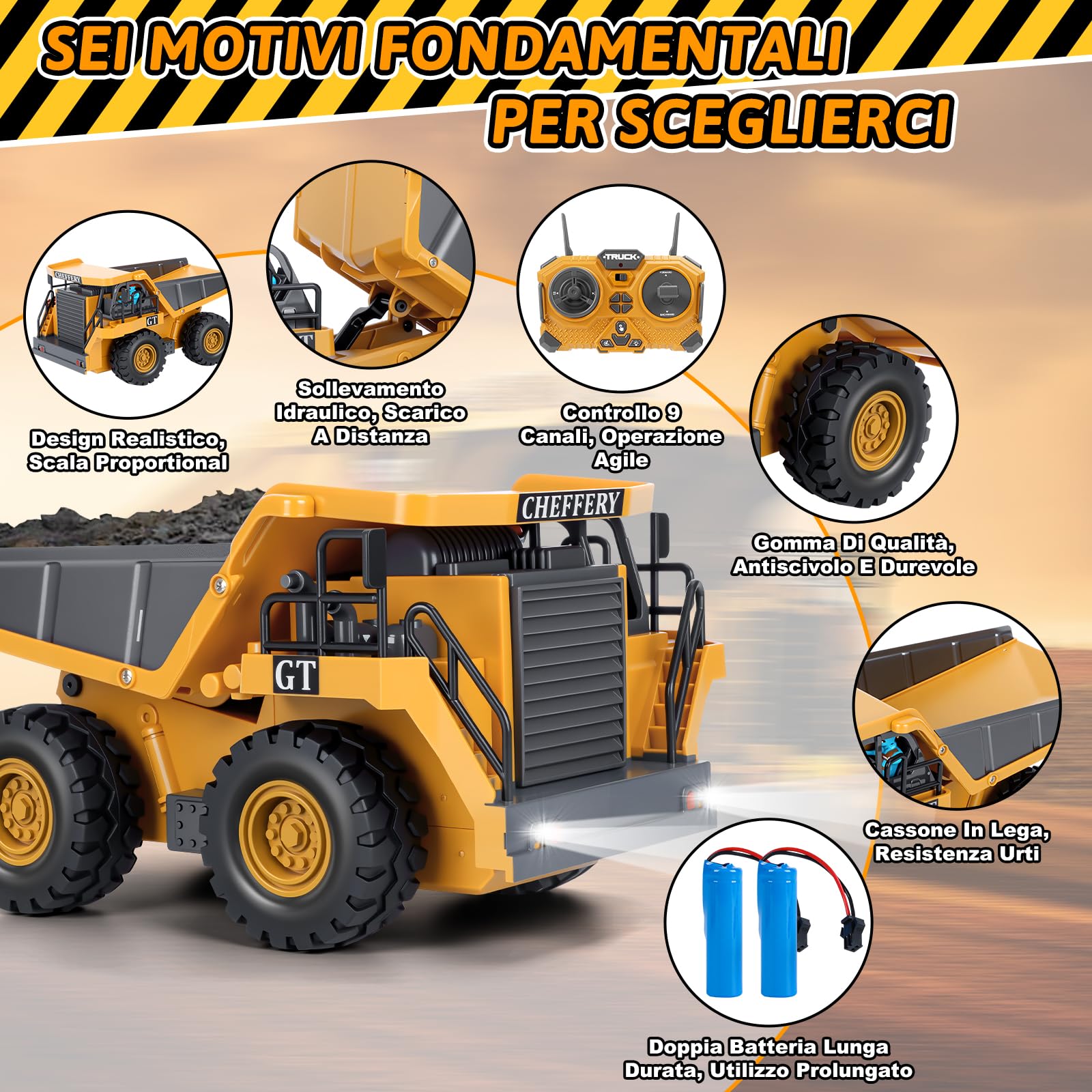 Cheffery Camion Ribaltabile Telecomandato, 2.4GHz Veicolo da Costruzione RC per Bambini, 9 Canali Camion Radiocomandato con Luci e Suoni, Camion Telecomandato per Ragazzi e Ragazze dai 3 anni