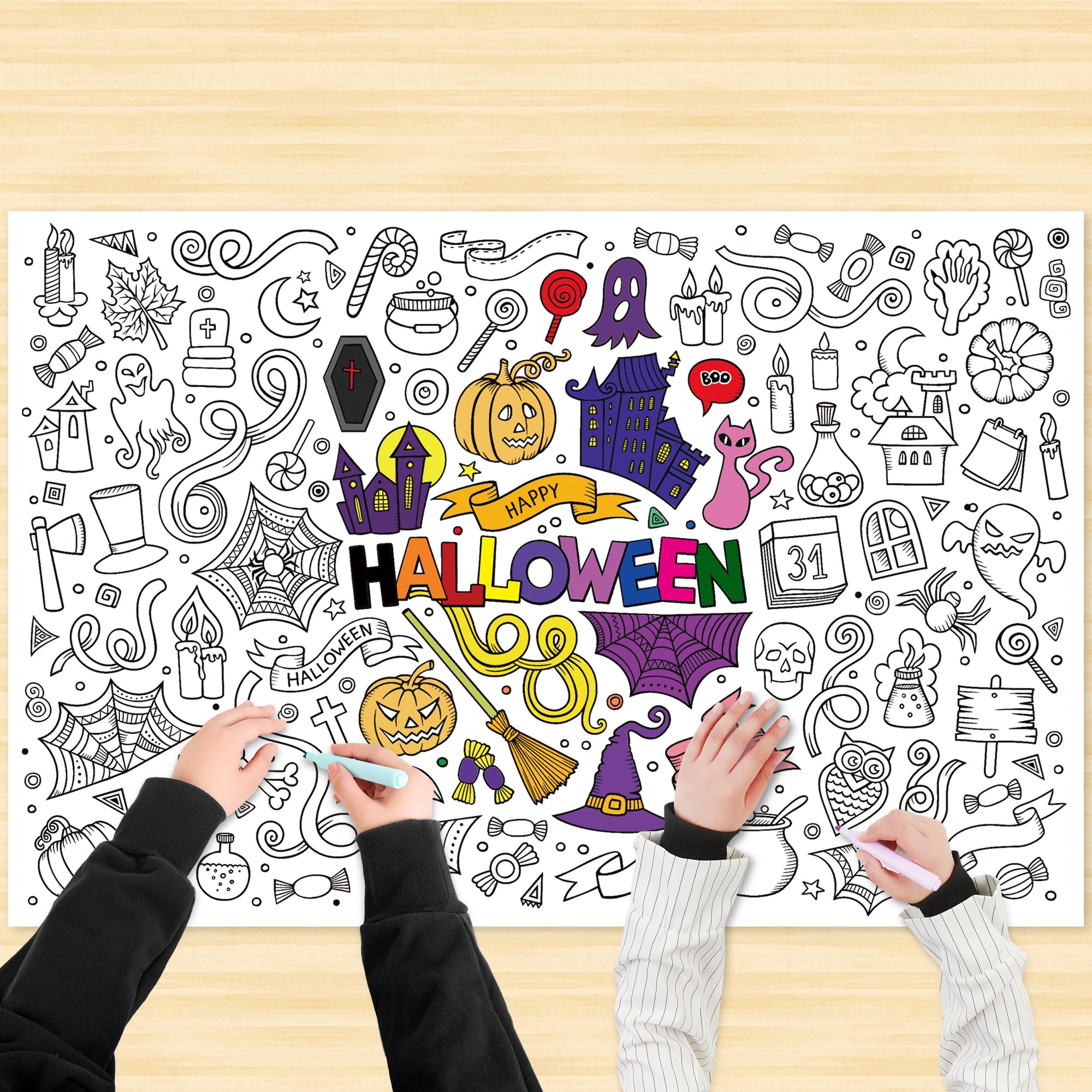 Giant Halloween Coloring Poster - 43x31 Inch Paper Tablecloth For Kids Party Activities & Crafts