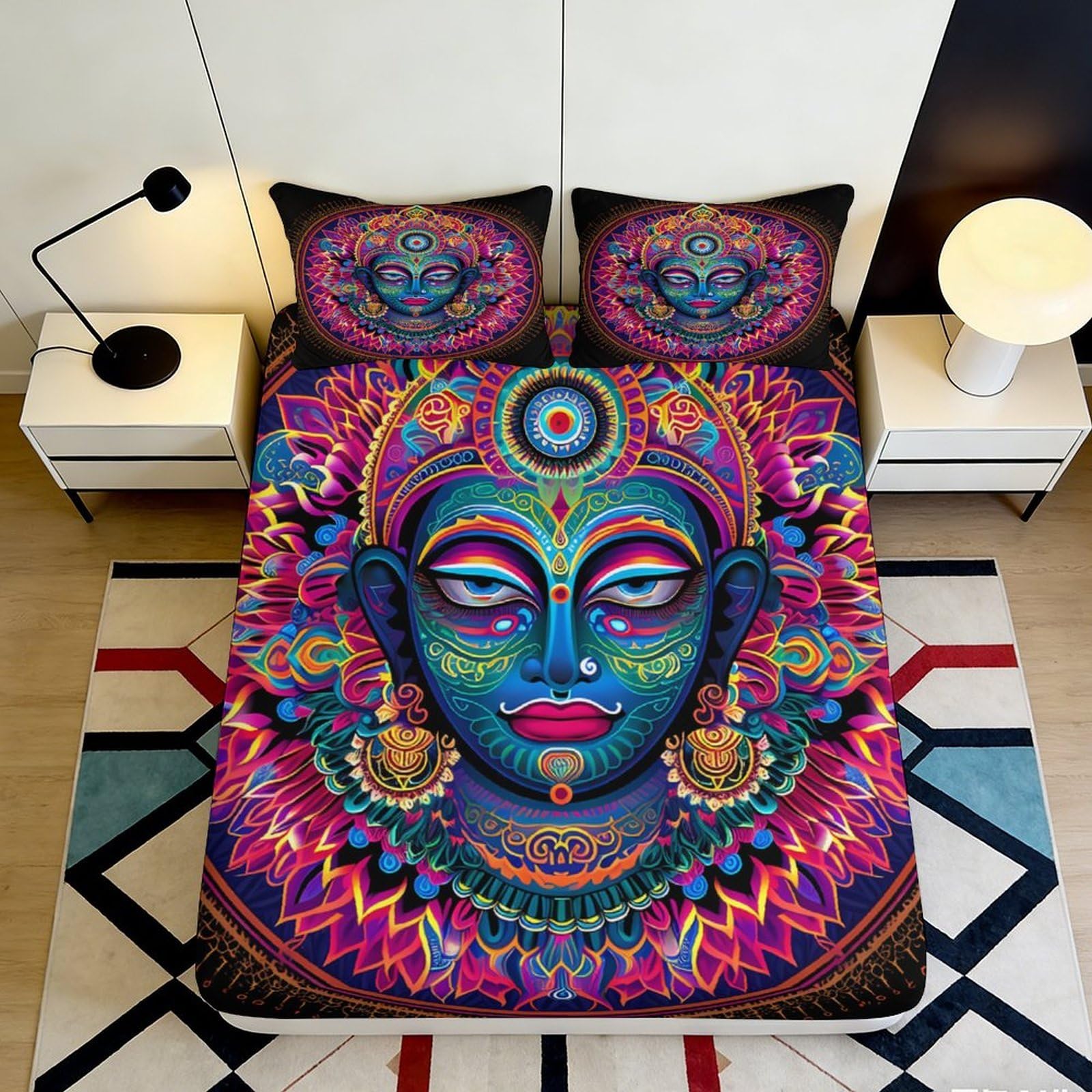 3D Printed Psychedelic Mandala Fitted Sheet Microfiber Soft Boho Buddha Face Mattress Cover for Bedroom Dorm Decor 90x200x25cm