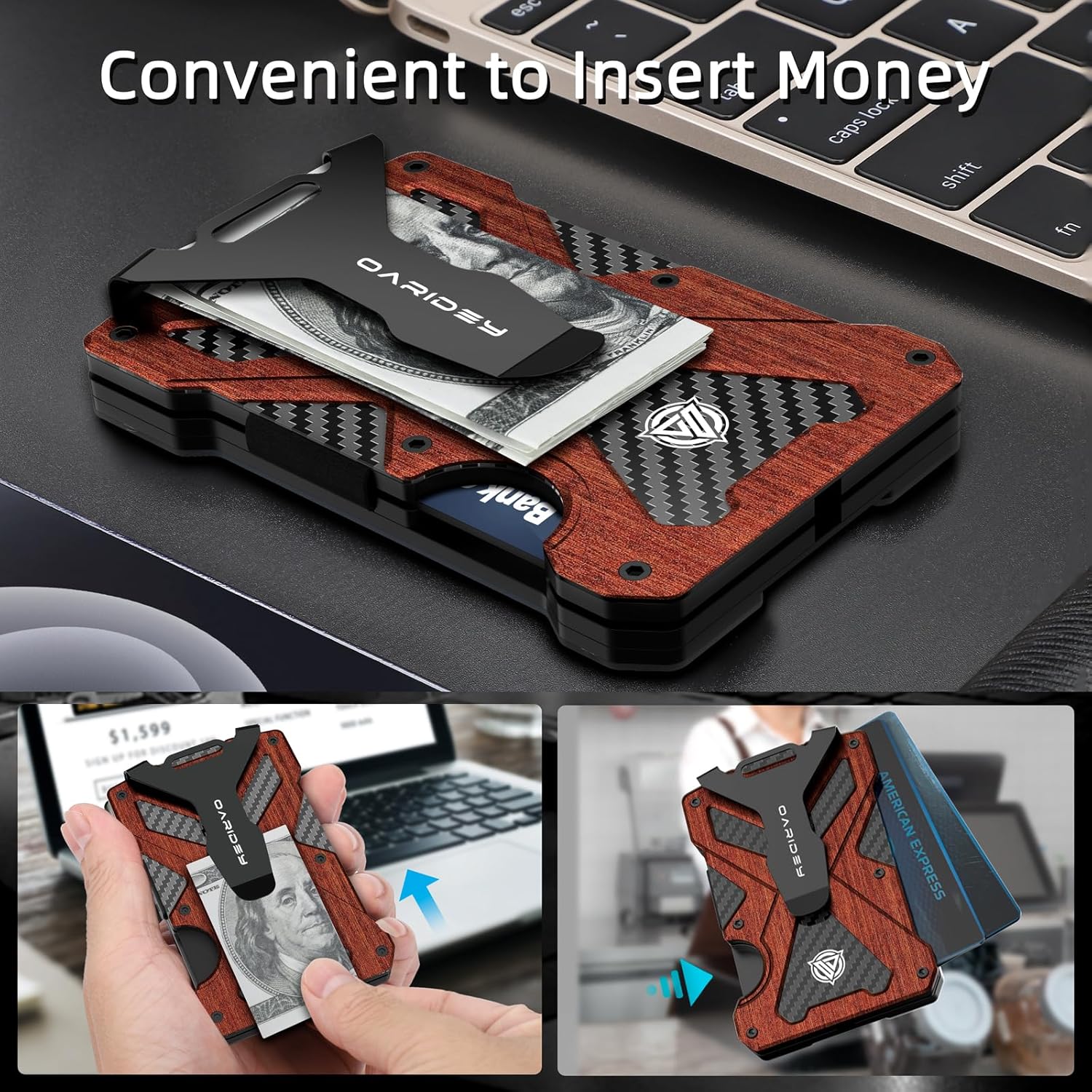 Minimalist Wallet for Men- Slim Aluminum Metal Money Clip Wallet with Clear ID Card Holder, Carbon Fiber Wallet, RFID Blocking,Holds up 15 Cards with Cash Clip,Ultra-Thin Tactical Wallet - Rosewood - Image 5