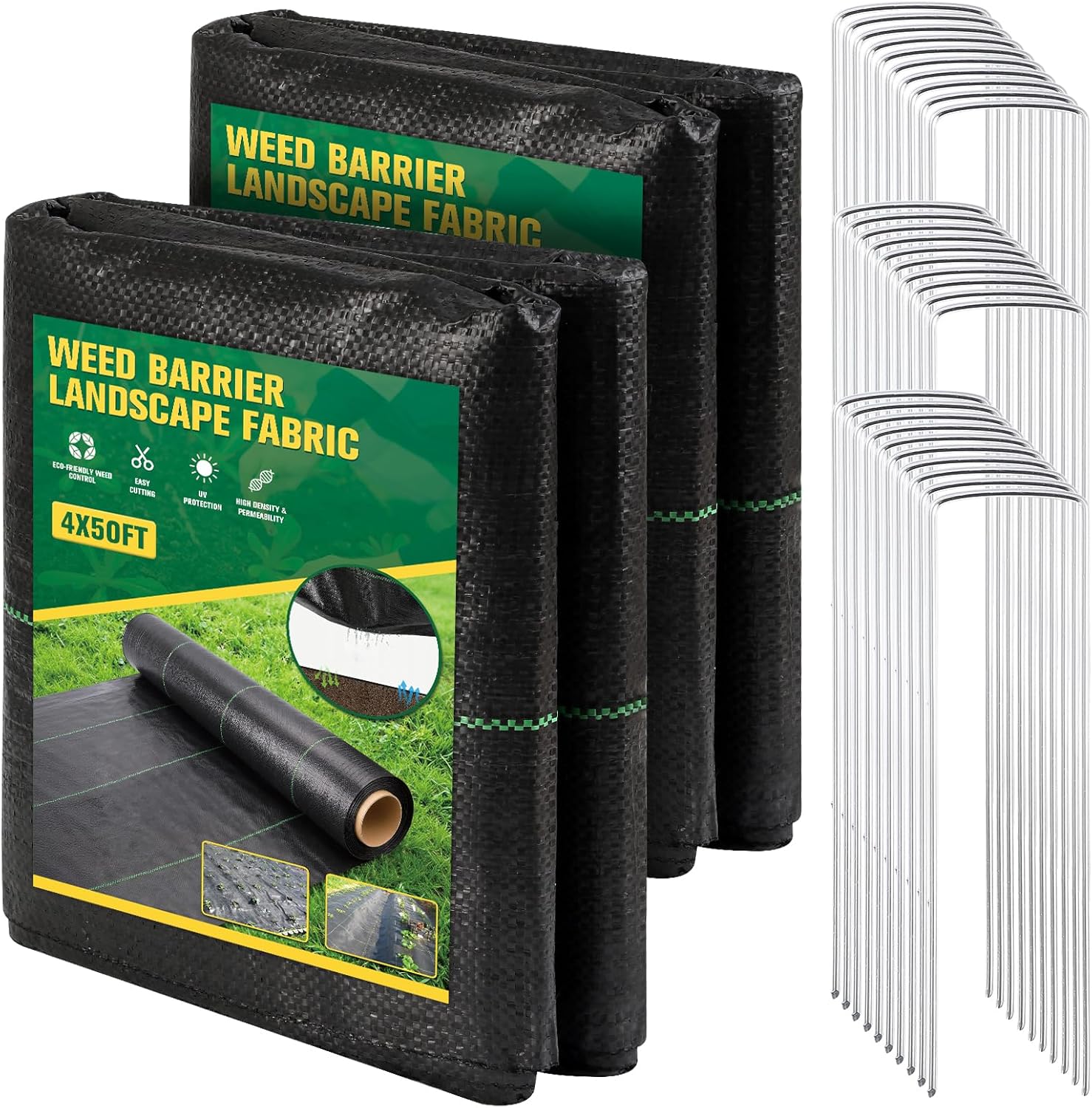 ondware 4FT x 100FT Weed Barrier Landscape Fabric, 3.2oz Woven Ground Cover for Gardening & Landscaping with 30 U-Shaped Stakes (2-Pack, 4x50FT)