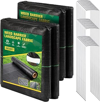 ondware 4FT x 100FT Weed Barrier Landscape Fabric, 3.2oz Woven Ground Cover for Gardening & Landscaping with 30 U-Shaped Stakes 2-Pack, 4x50FT