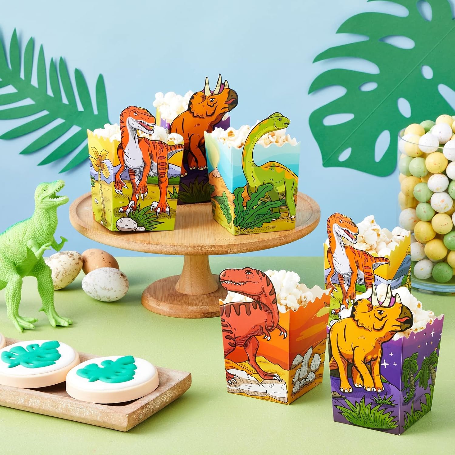 BLUE PANDA 60 Pack Dinosaur Popcorn Boxes for Candy, Snacks, Kid's Birthday Party Supplies (4 Dino-Themed Designs)