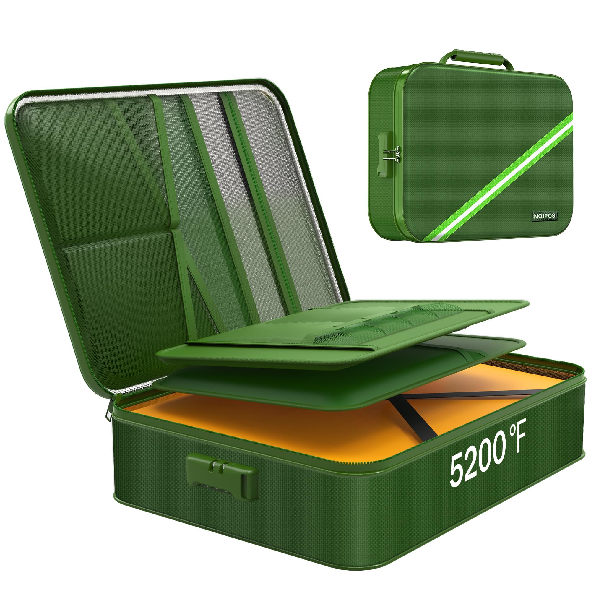 Noiposi Green 5200℉ Fireproof Document Box With Lock, 8 Layers Heat Insulated Fire Proof Bags,Fireproof Documents Organiser Storage Case For A4 Files, Certificates, Passports, Cash, Contract(Green)