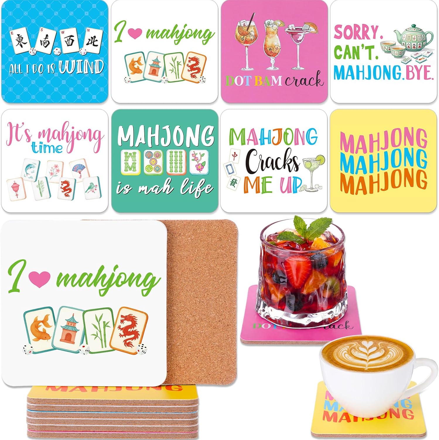 Chengu 8 Pcs Mahjong Coasters for Drinks 3.94 x 3.94 Mah Jong Cocktail Coasters Mahjong Gifts and Accessories for Women Game Night Party Supplies Decoration