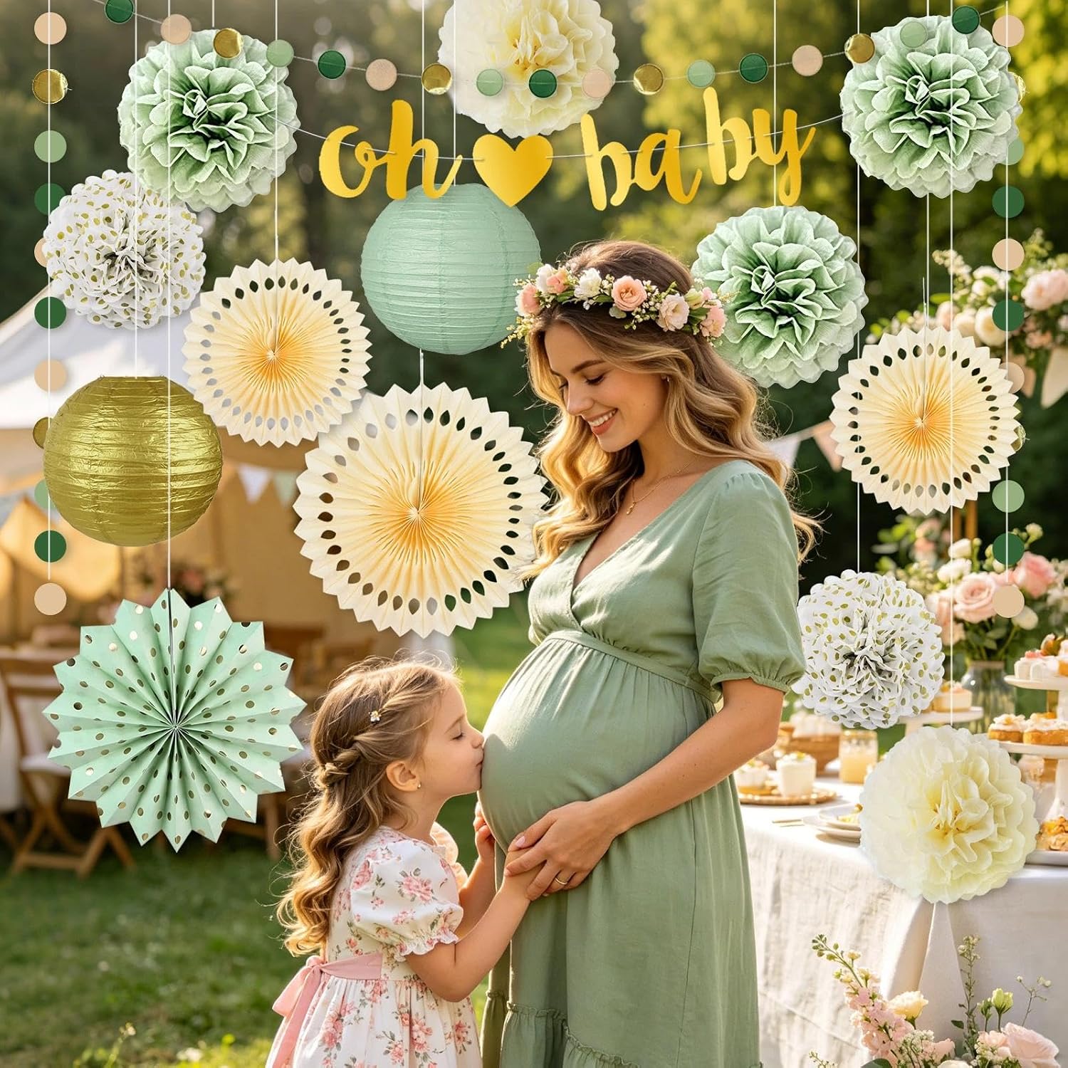Sage Green Baby Shower Decorations Oh Baby Banner Tissue Paper Pom Poms Flowers Paper Fans Circle Dot Garland Neutral Party Supplies Boy Girl Gender Reveal Birthday Party Decorations(Oh Baby)