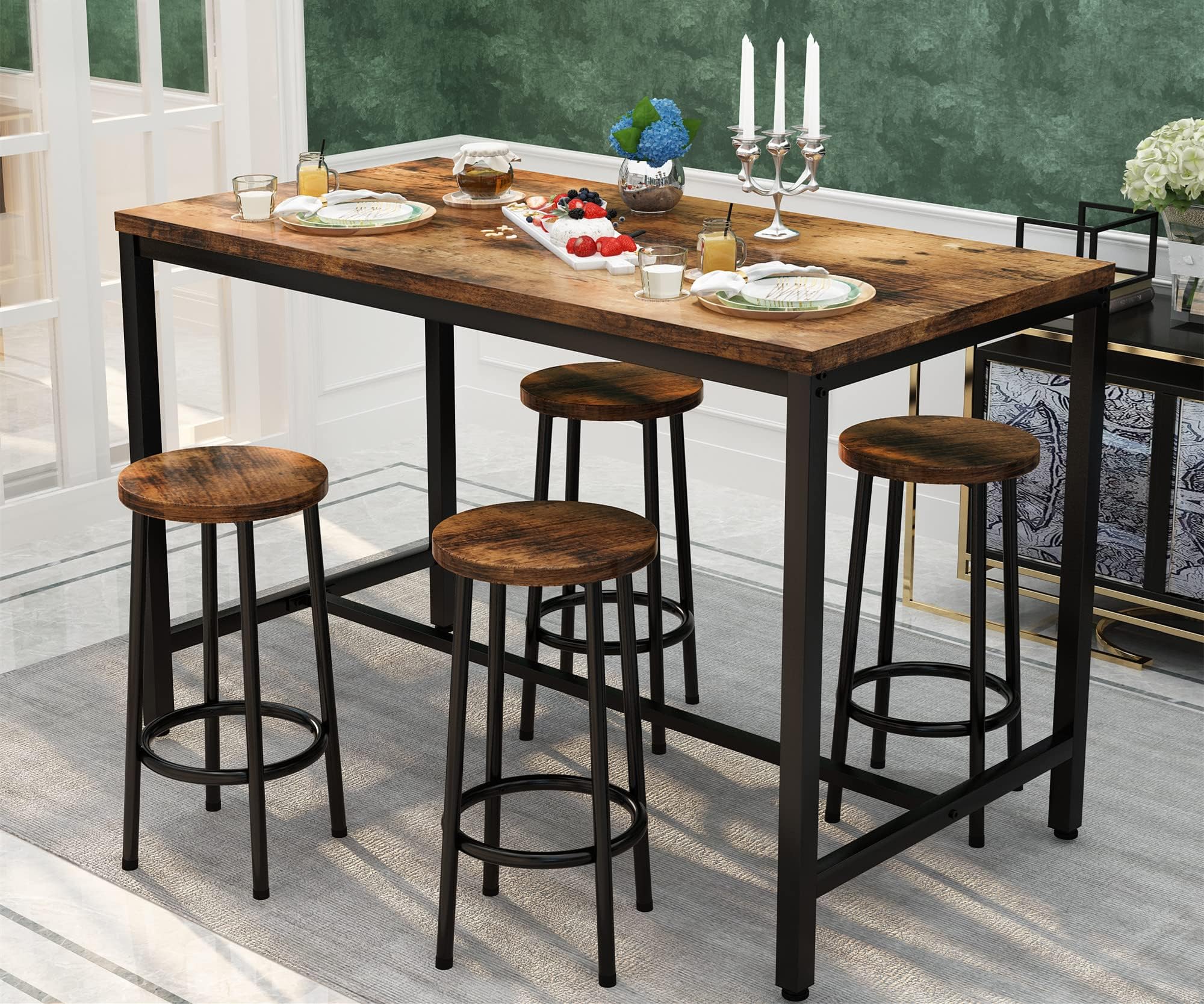 LTTROMAT Bar Table Set, Kitchen Table and Chairs for 4 Modern Counter Height Pub Dining Set with 4 Bar Stools & Adjustable Table Leg, 5 Pieces Dining Table Set for Kitchen, Pub, Bar, Restaurant