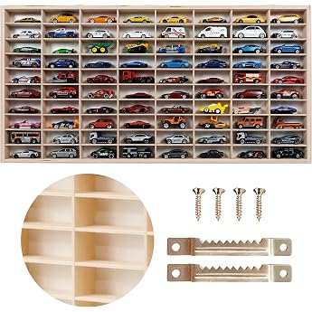 Dekoralove 80 Compartment Wall Display Case - Natural Wood Collector's Display Case for Hot Wheels Cars and Collectibles, 80 