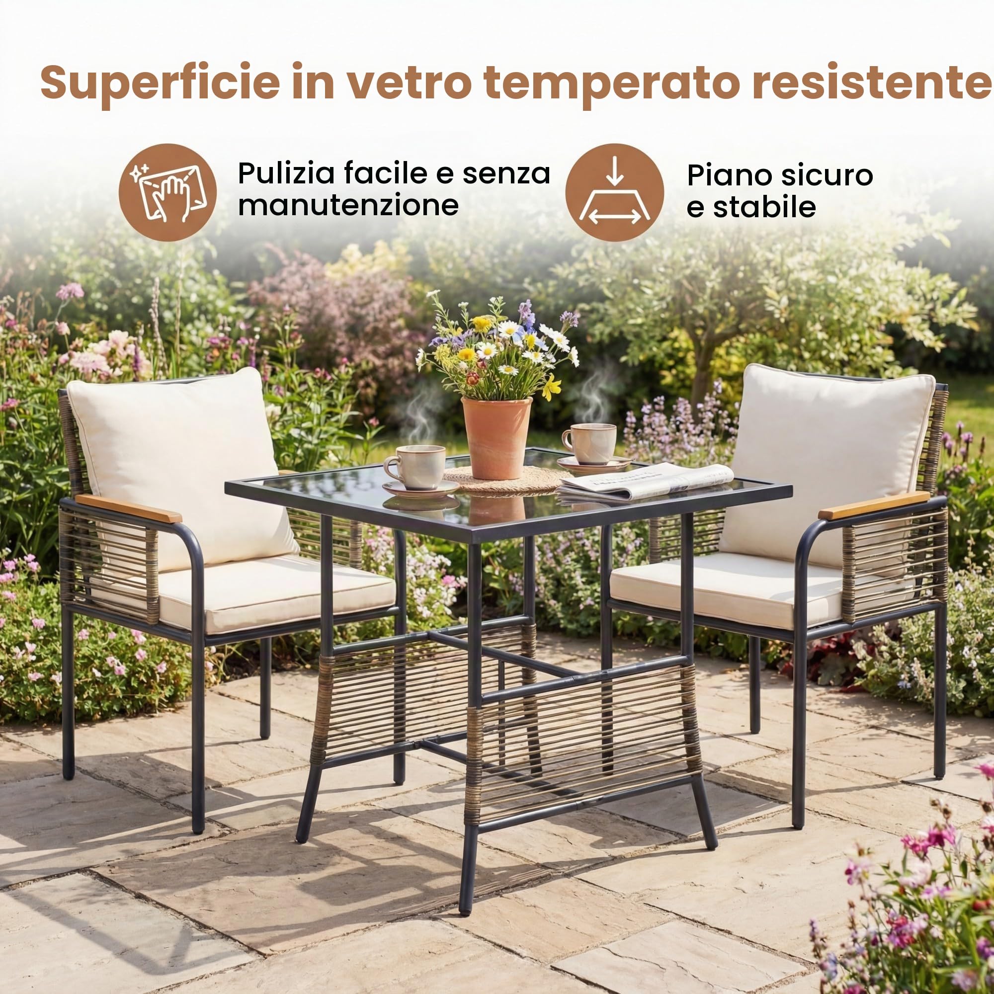LIFEZEAL Set giardino 3 pezzi in rattan, set tavolo e 2 sedie con cuscini, set bistrot da terrazza per balcone, veranda, giardino, cortile