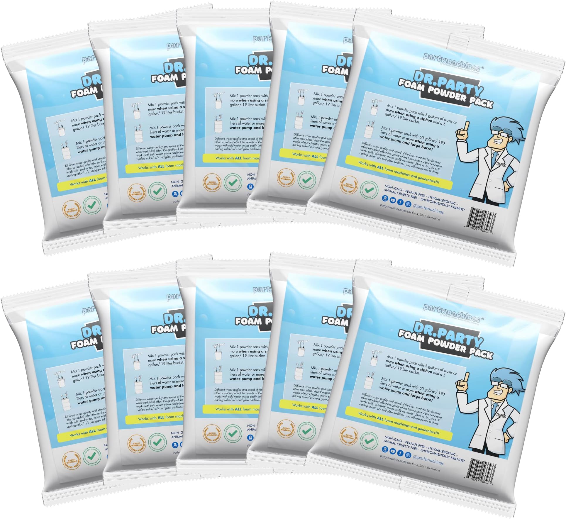 Foam Party Machine Solution - Powder Pack of 10 for Several Hundred Gallons of Foam Solution - Most Trusted Available - Great for Bubble Party Cannons