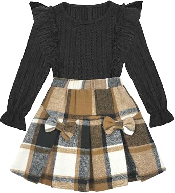 Toddler Girl Clothes Fall Winter Outfits Little Girl 2Pcs Ruffle Long Sleeve Knit Sweater Shirts Plaid Skirts Set